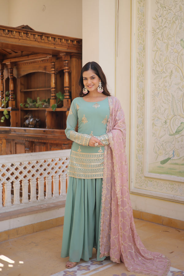 Decent Aqua Green Embroidered Sequence Work Sharara Suit