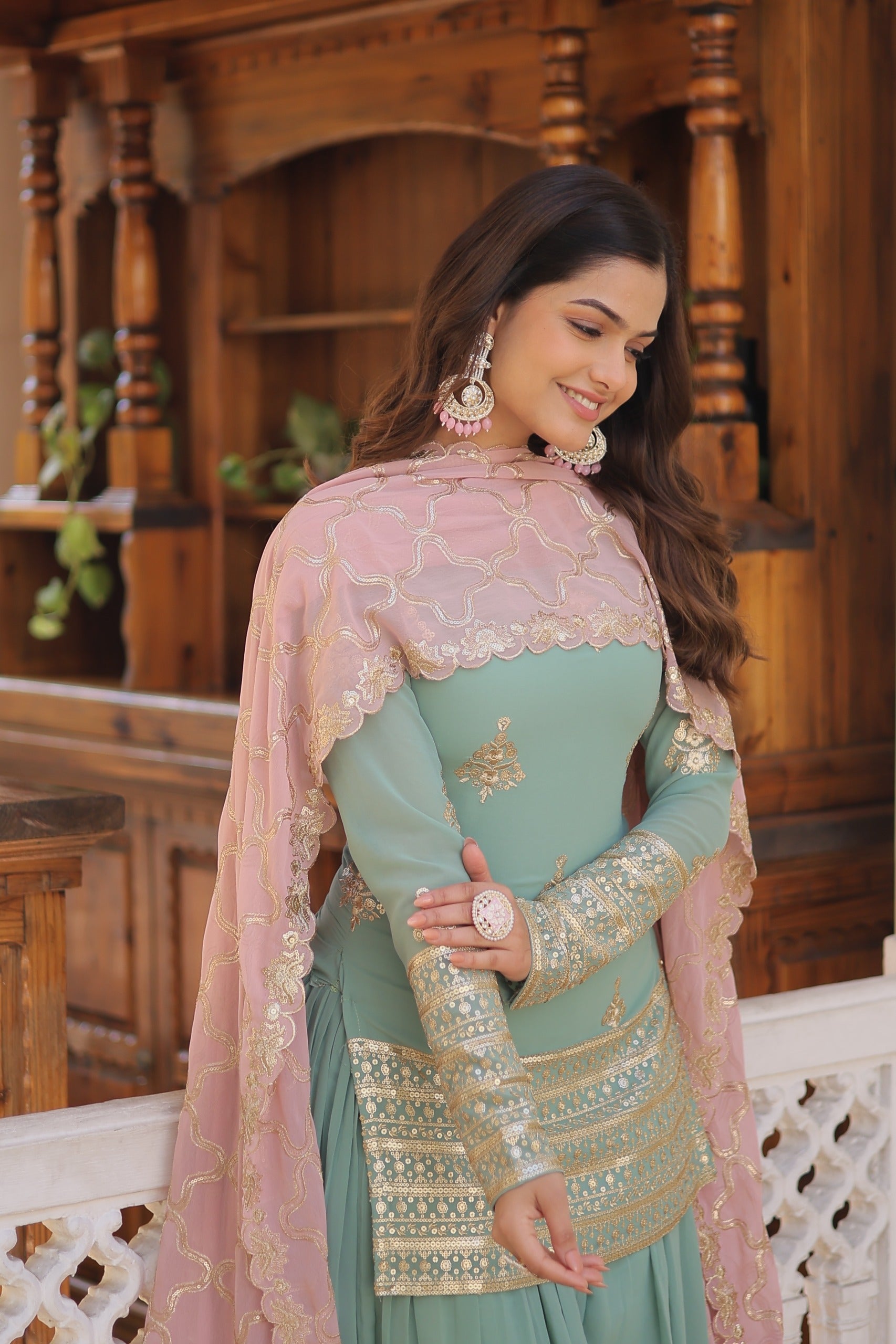 Decent Aqua Green Embroidered Sequence Work Sharara Suit