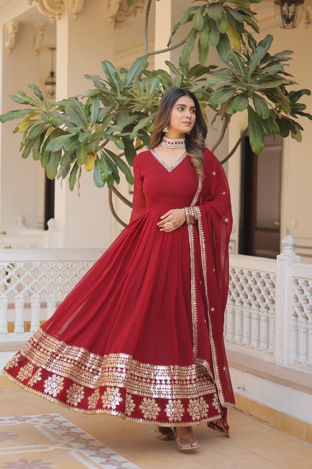 Function Wear Maroon Color Embellished Work Gown