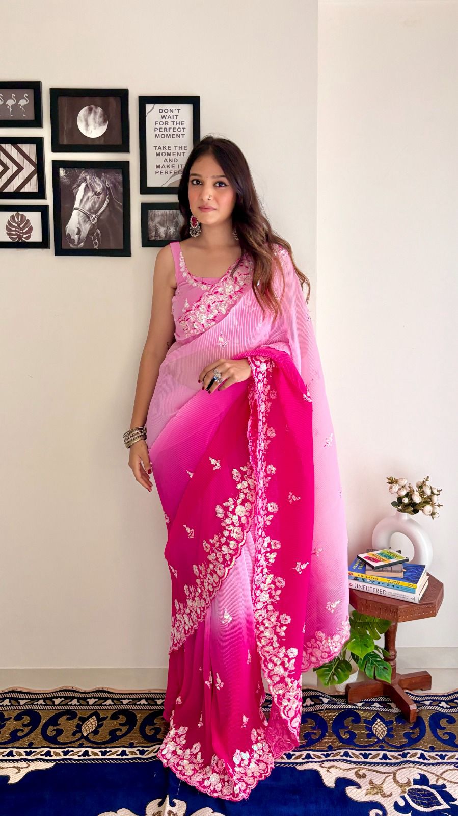 Marvelous Work With Pleated Pink Color Shade Saree