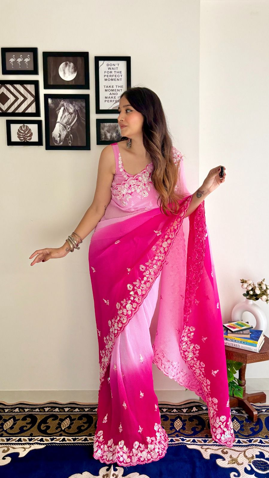 Marvelous Work With Pleated Pink Color Shade Saree