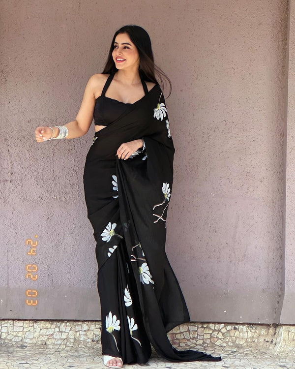 Amazing Black Color Hand Painted Saree