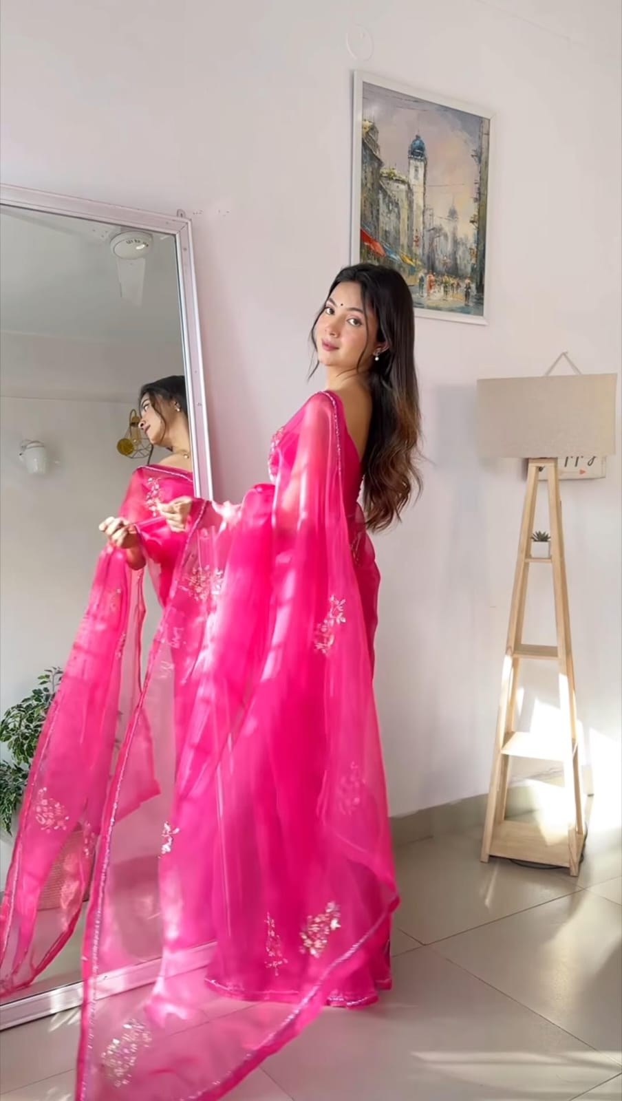 Amazing Pink Color Khatli Work Organza Silk Saree