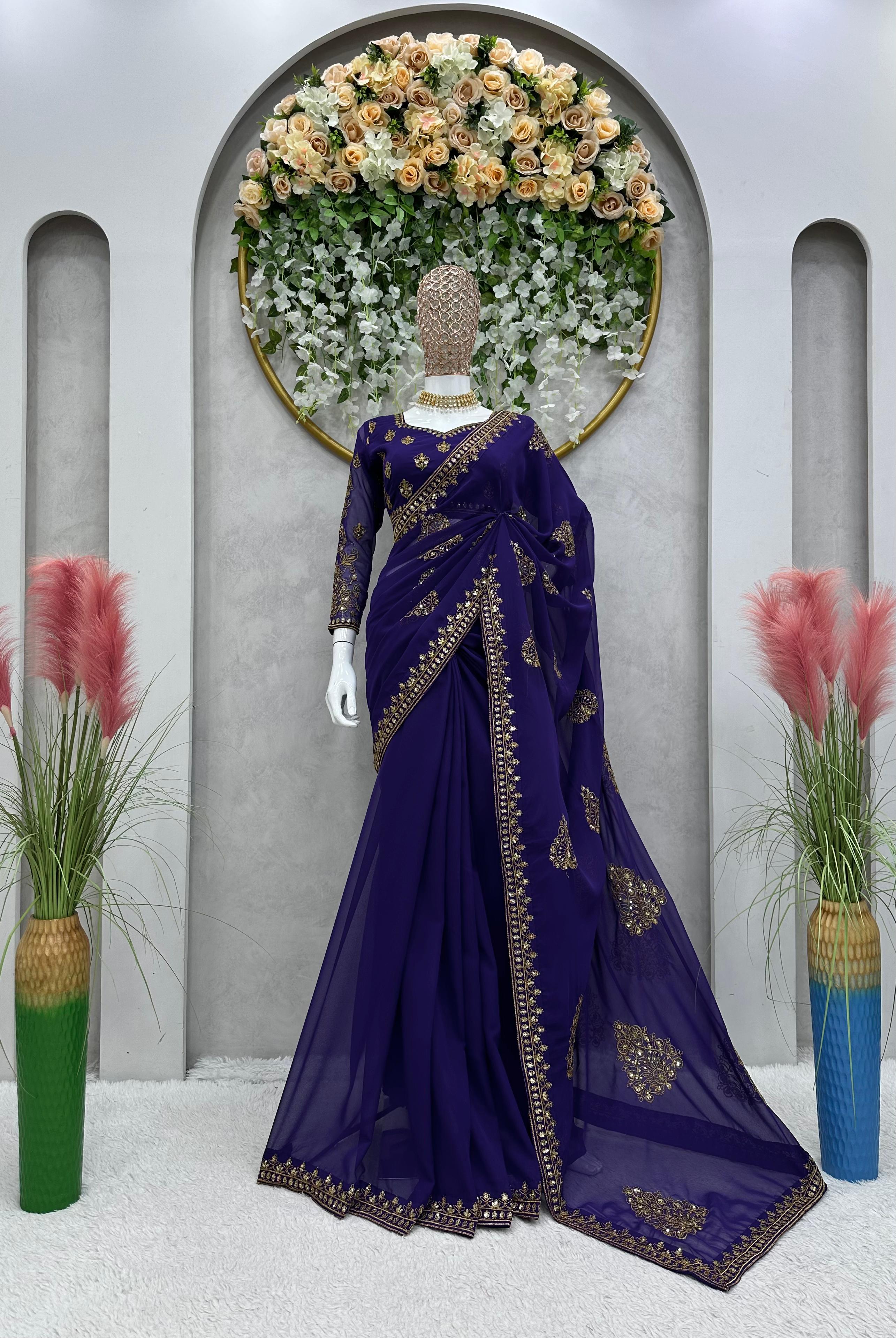 Madhuri Dixit Purple Color Thread Sequence Work Saree