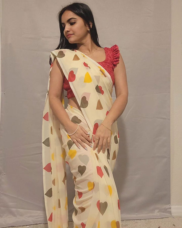 Ready To Wear Off White Color Multi Heart Print Saree