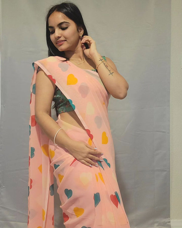 Ready To Wear Peach Color Multi Heart Print Saree
