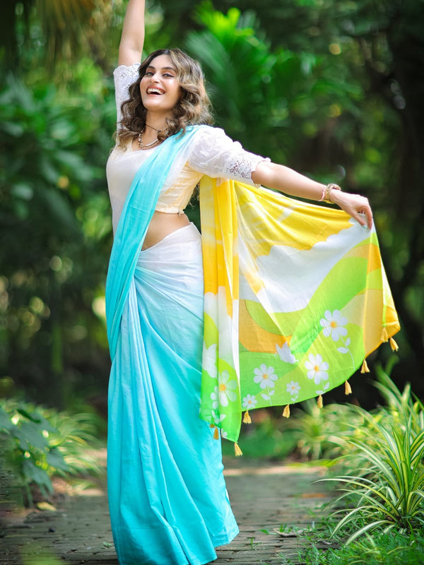Fashionable Sky With White Color Printed Saree