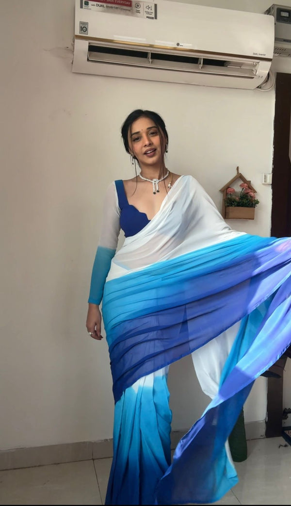 Terrific Ready To Wear Sky And White Color Saree
