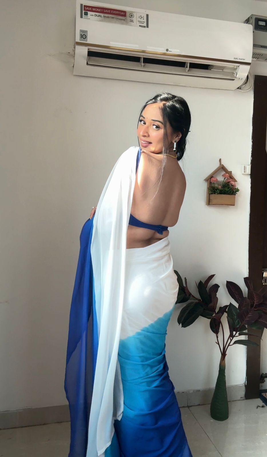 Terrific Ready To Wear Sky And White Color Saree