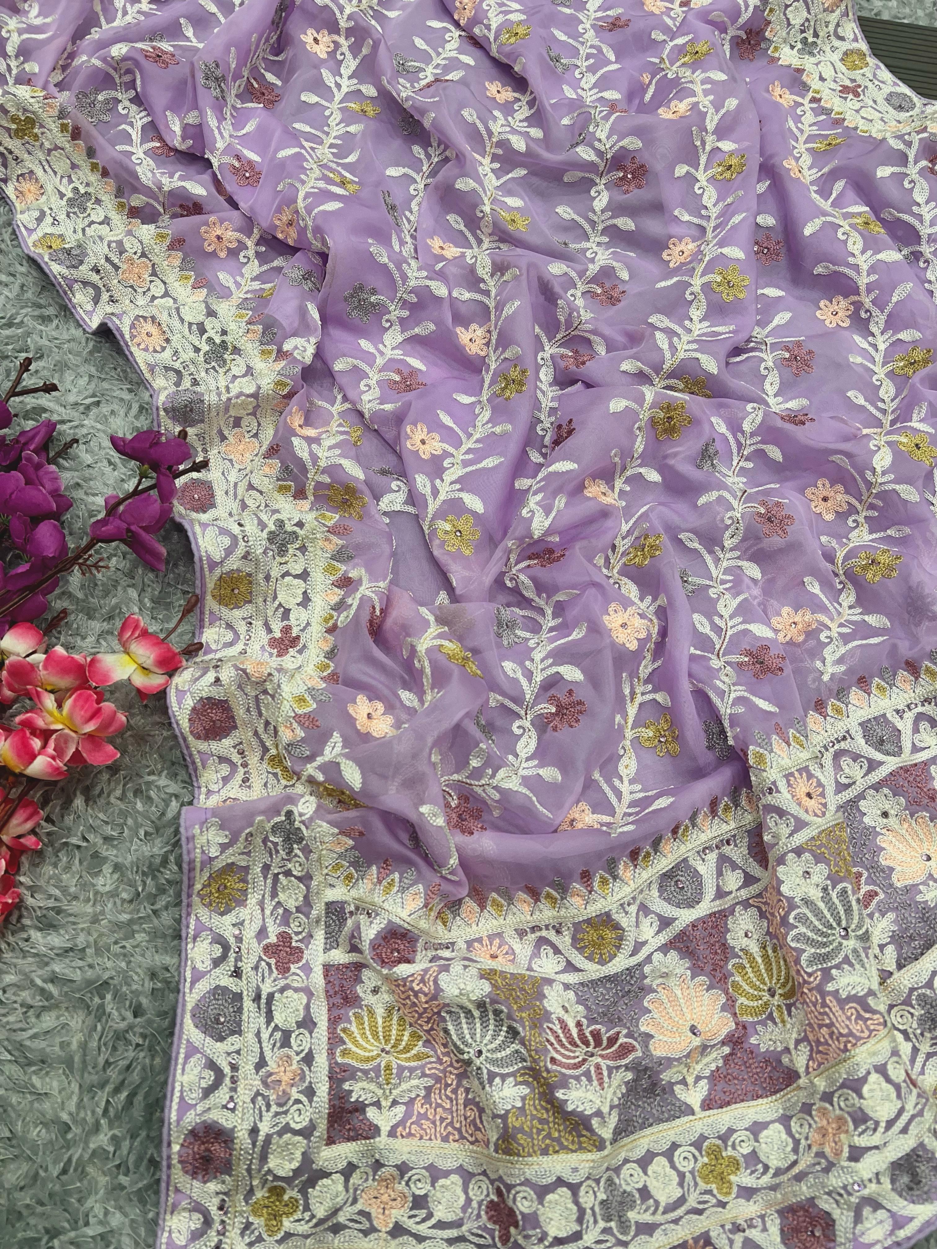 Gorgeous Lavender Color Multi Thread Work Organza Saree