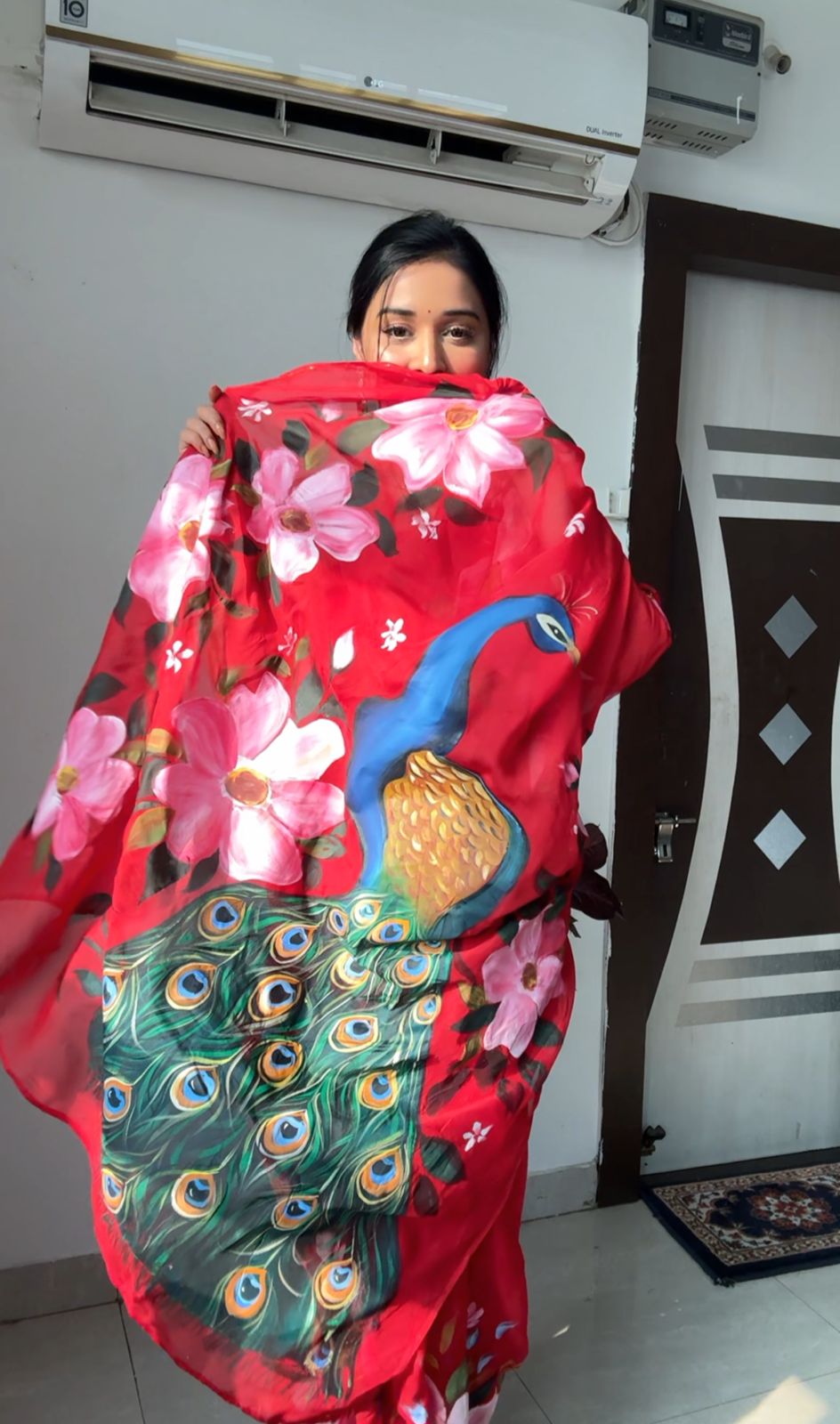 Peacock Design Ready To Wear Red Color Saree