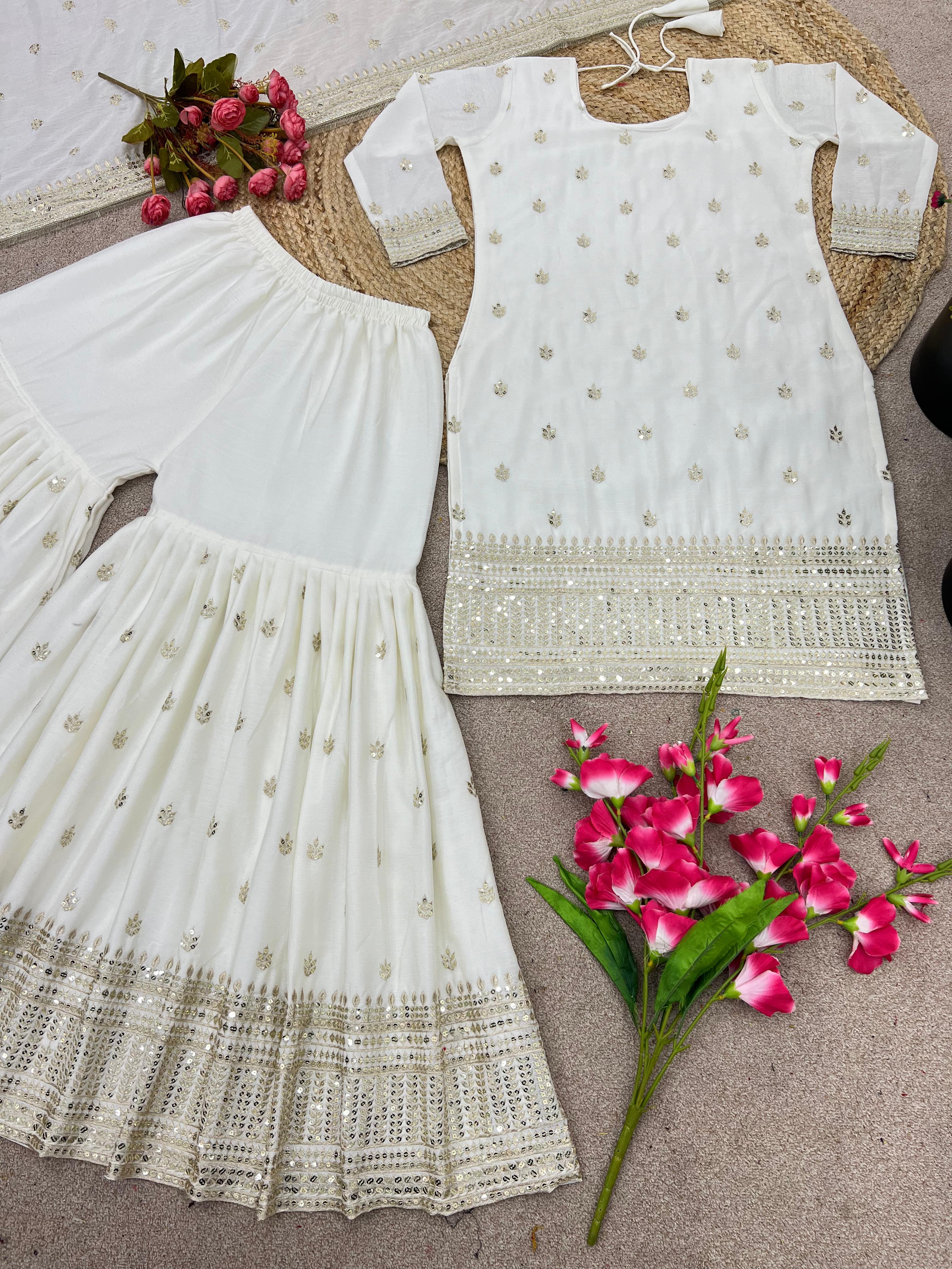 Marvelous White Color Embroidery Work Sharara Suit