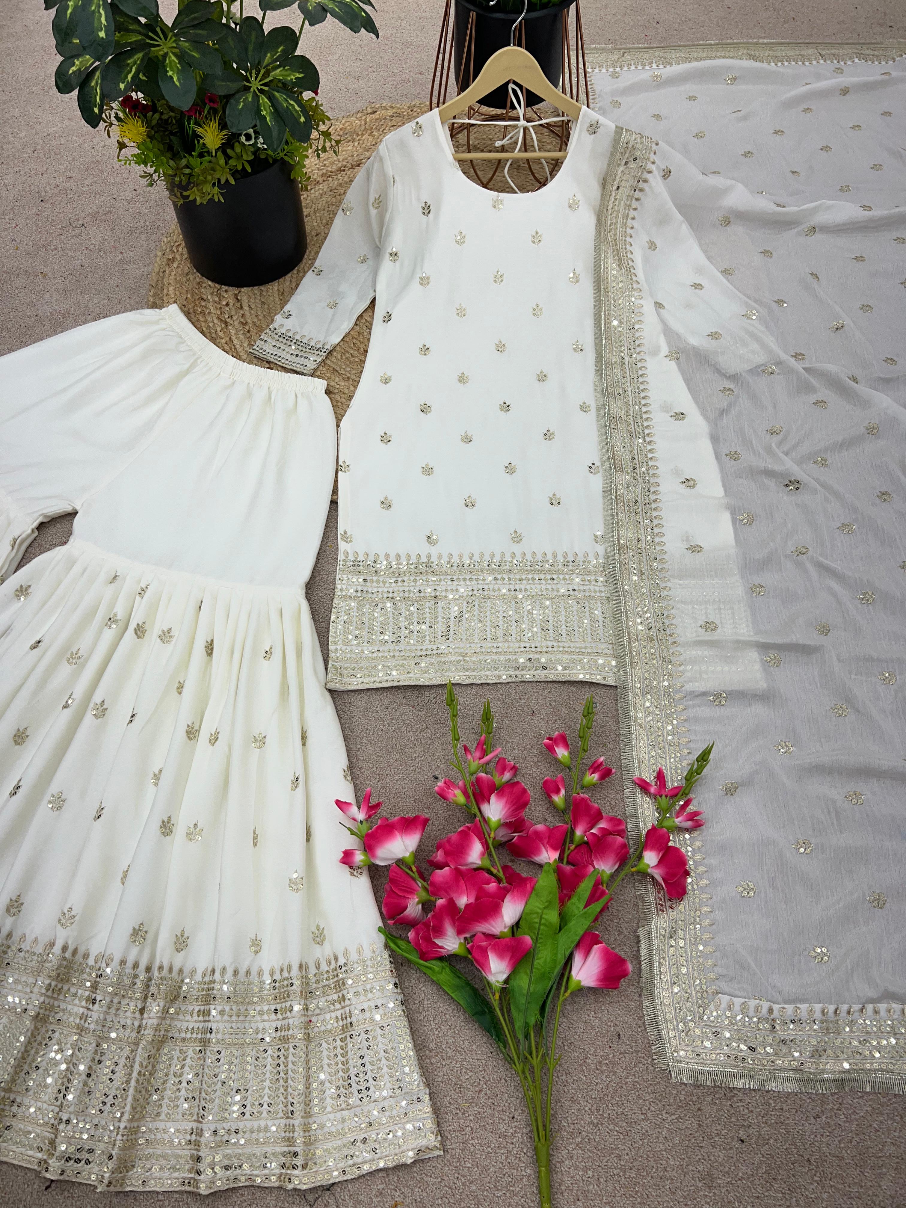 Marvelous White Color Embroidery Work Sharara Suit
