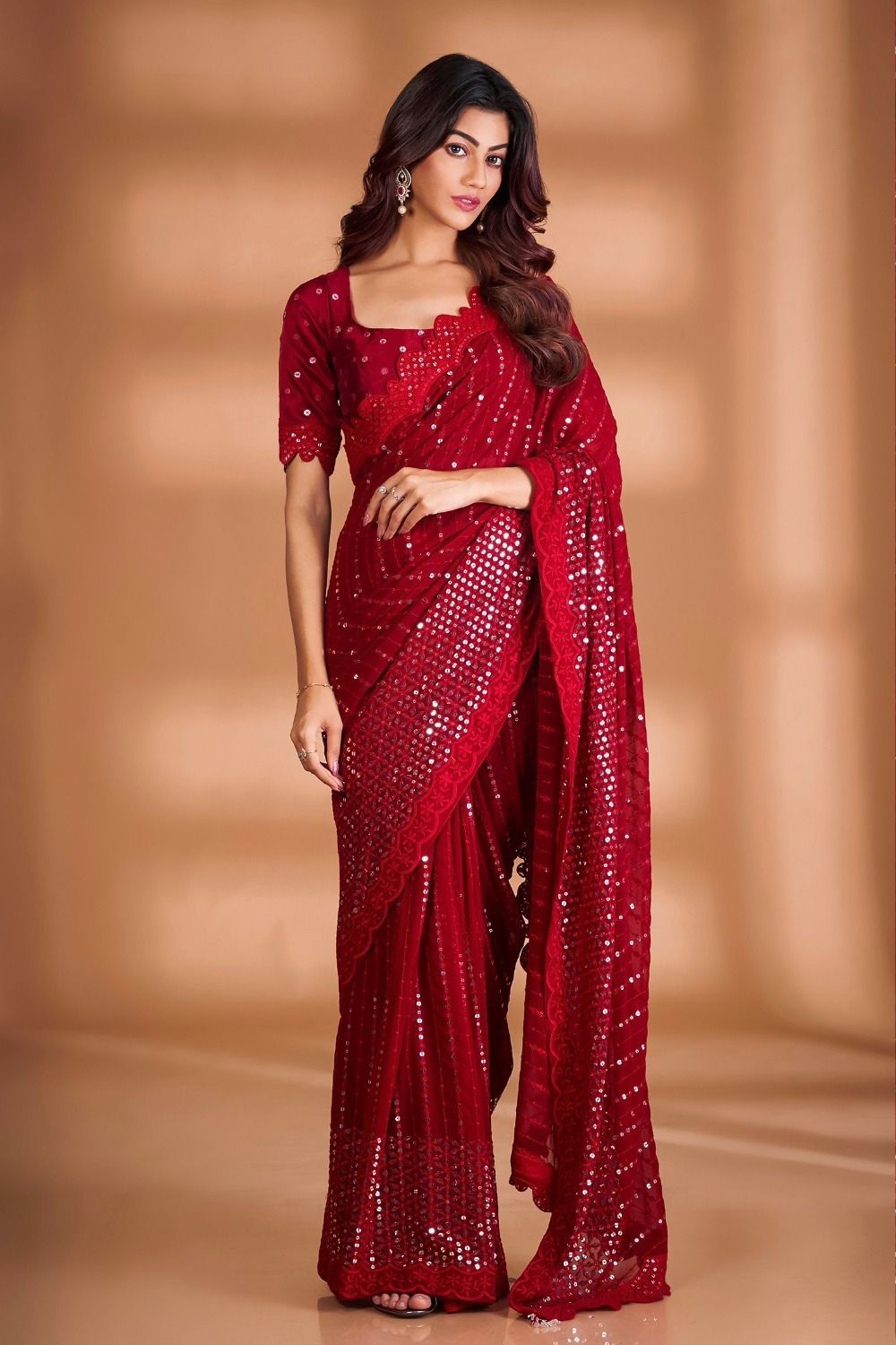 Glimmering Red Color Sequence Thread Work Saree