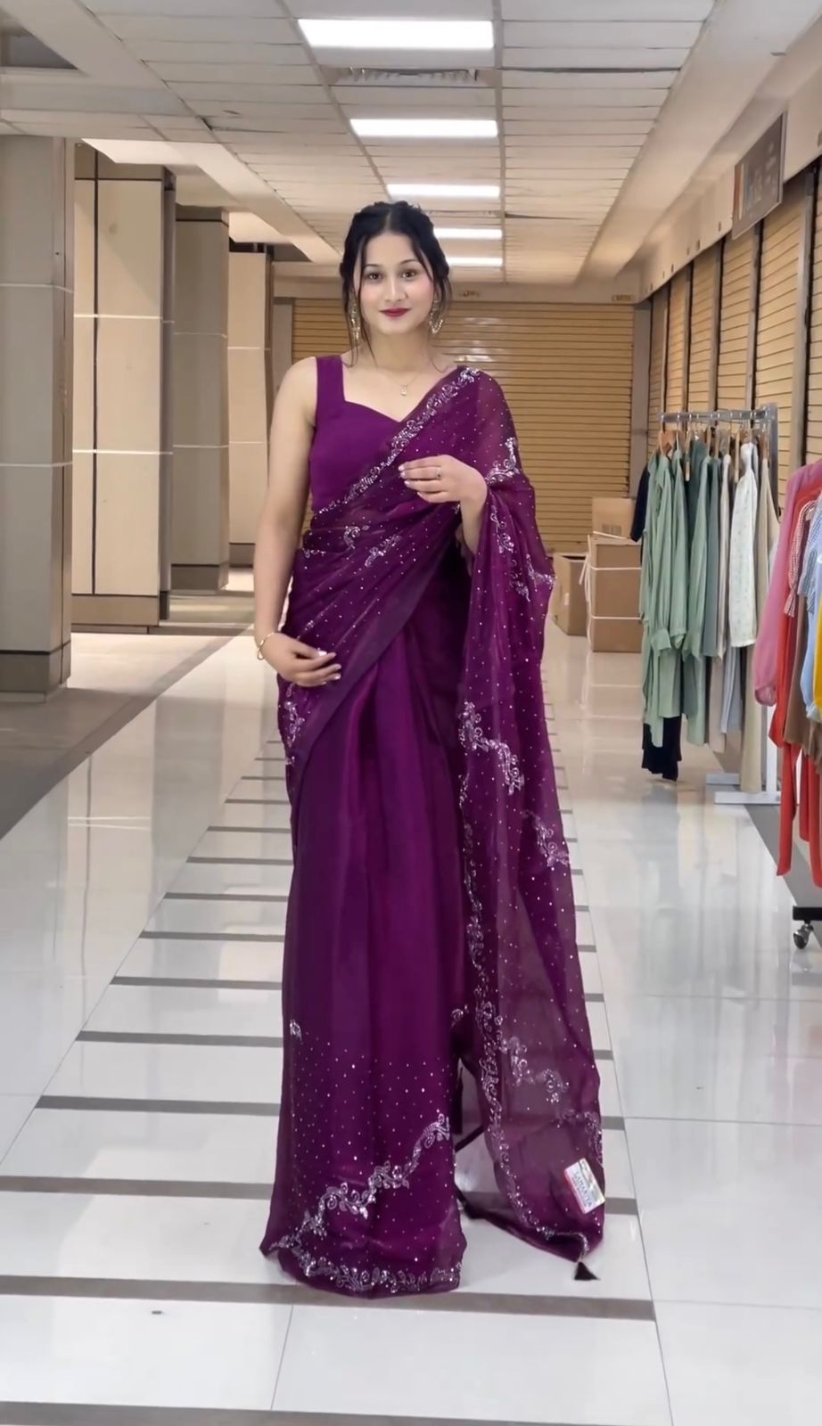 Embellished Work Purple Color Party Wear Saree