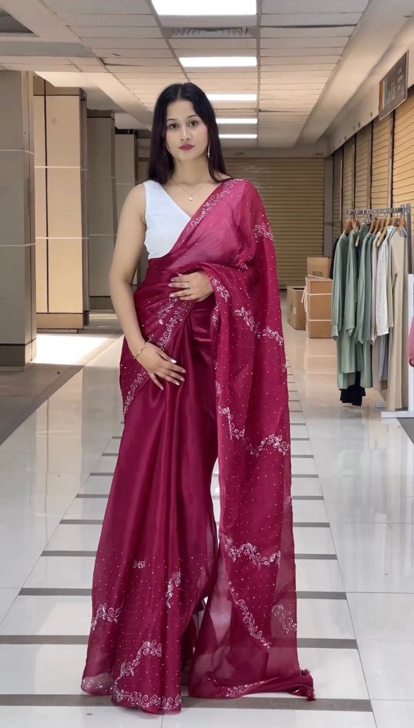 Embellished Work Wine Color Party Wear Saree