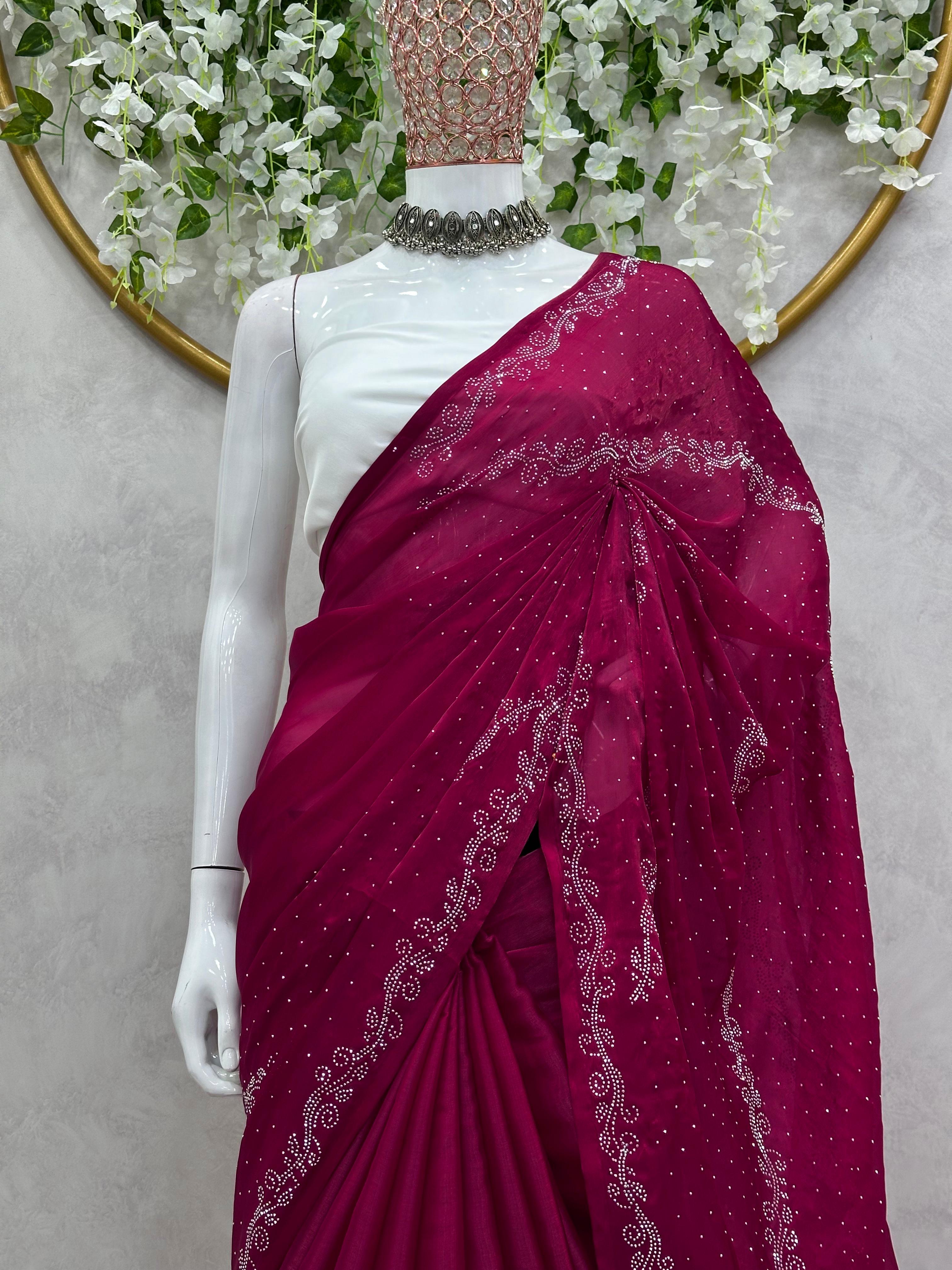 Embellished Work Wine Color Party Wear Saree