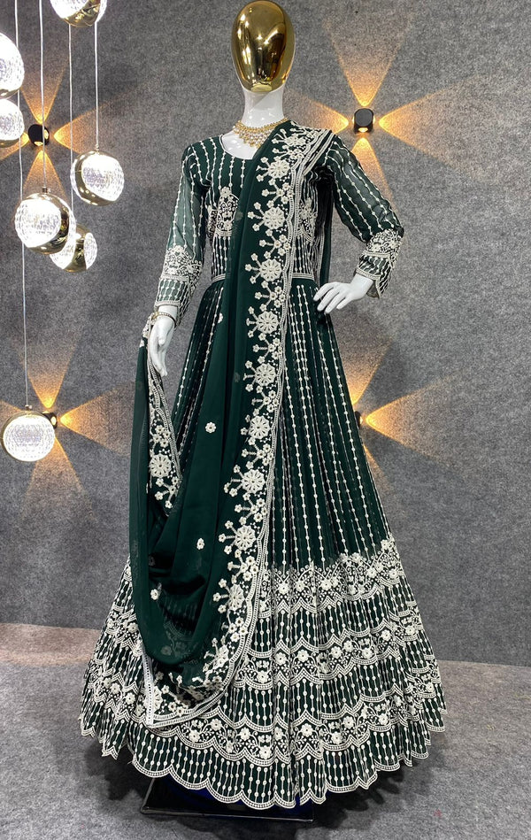 Dark Green Color Heavy Embroidery Work Gown