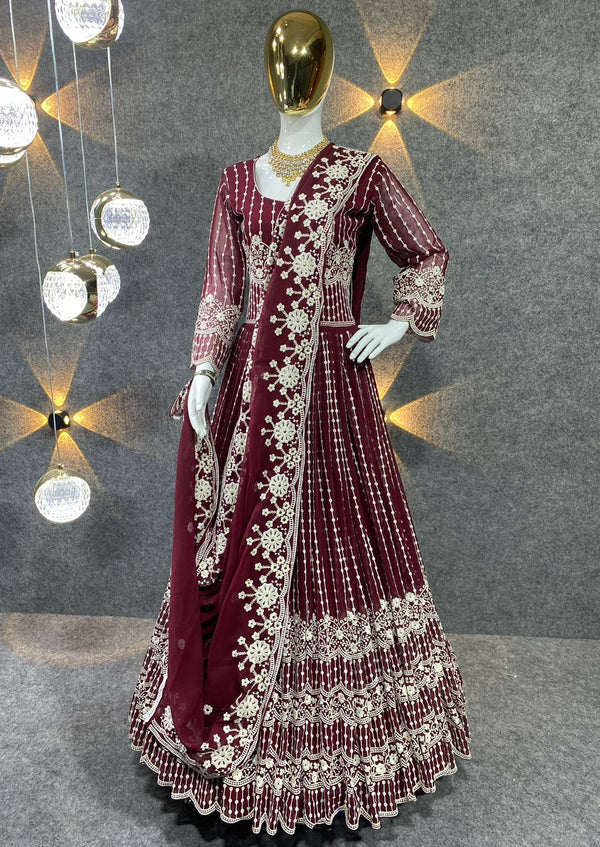 Maroon Color Heavy Embroidery Work Gown