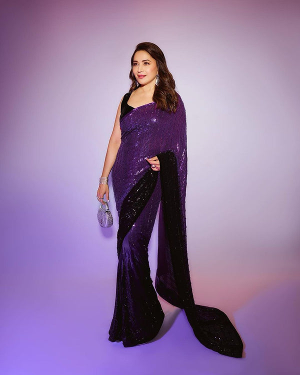 Bollywood Madhuri Dixit Purple Shade Sequence Work Saree