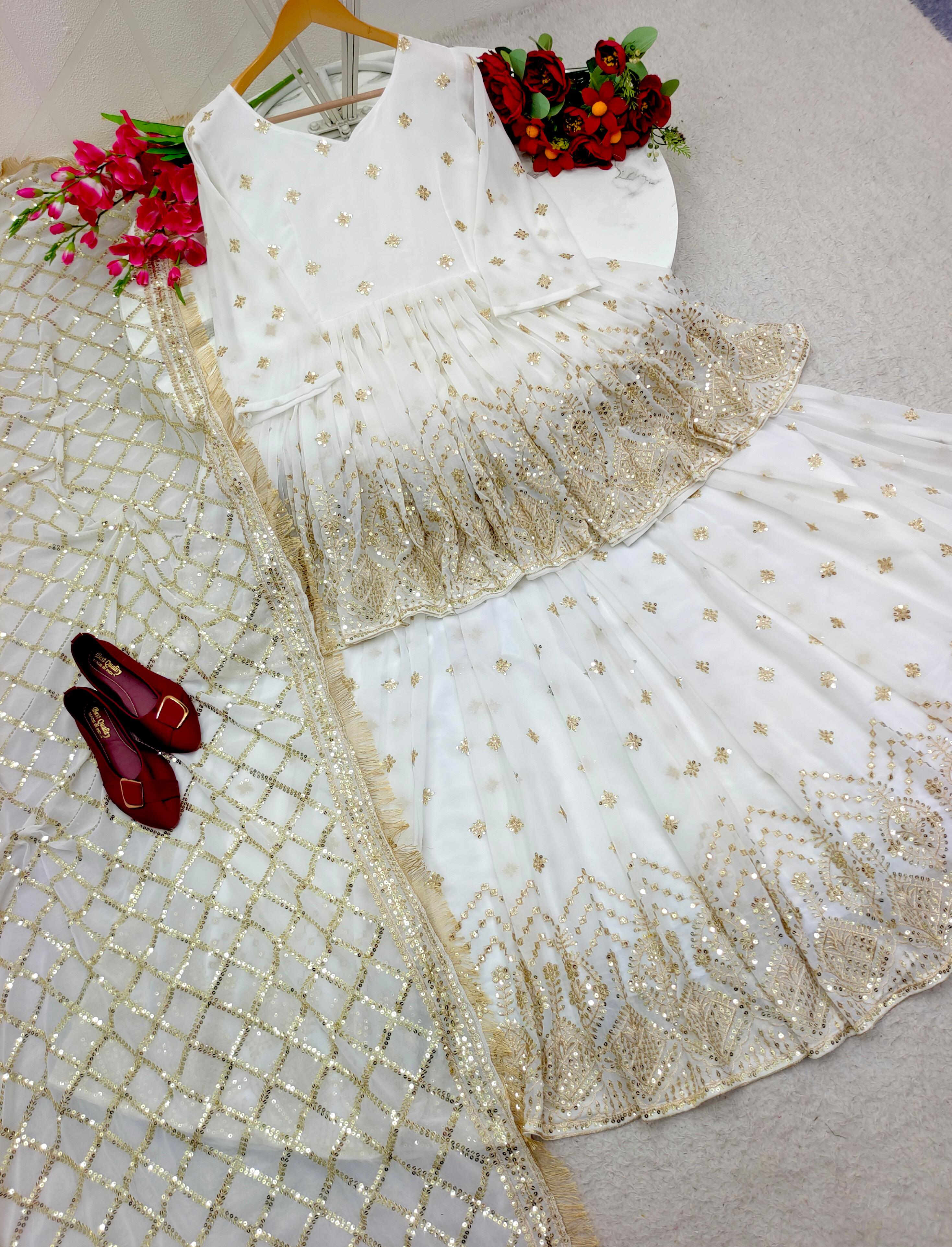 Glorious Embroidery Sequence Work White Lehenga With Top