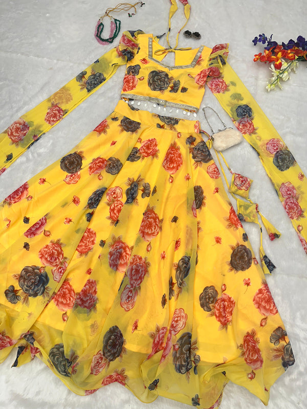 Flower Print Yellow Color Fancy Sleeve Lehenga Choli
