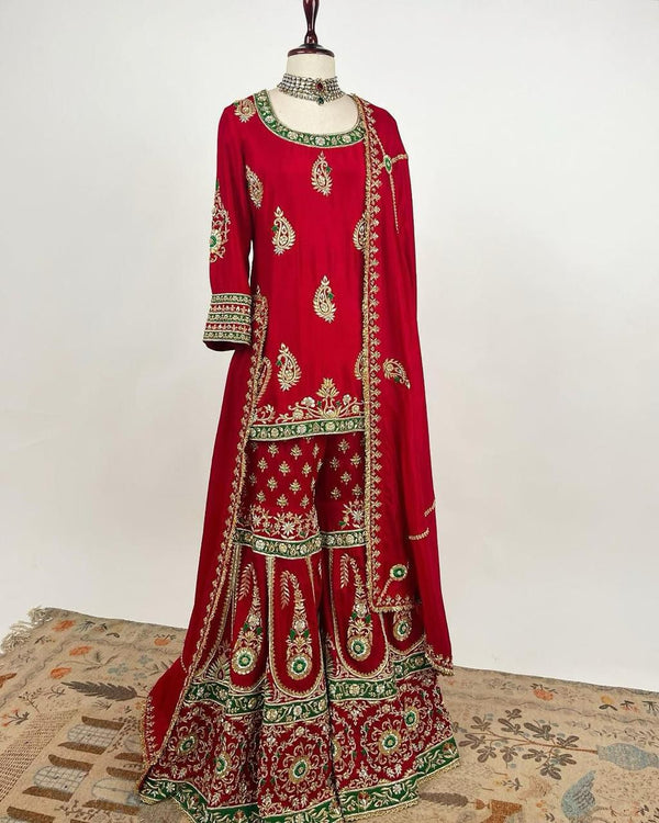 Fantastic Red Color Embroidery Work Heavy Sharara Suit