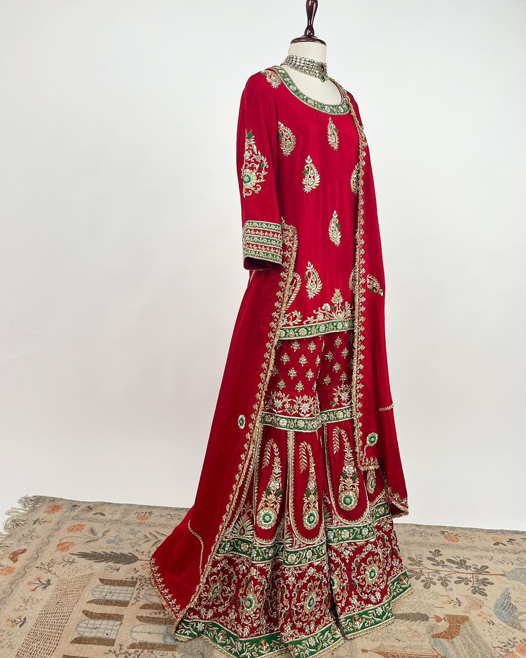 Fantastic Red Color Embroidery Work Heavy Sharara Suit