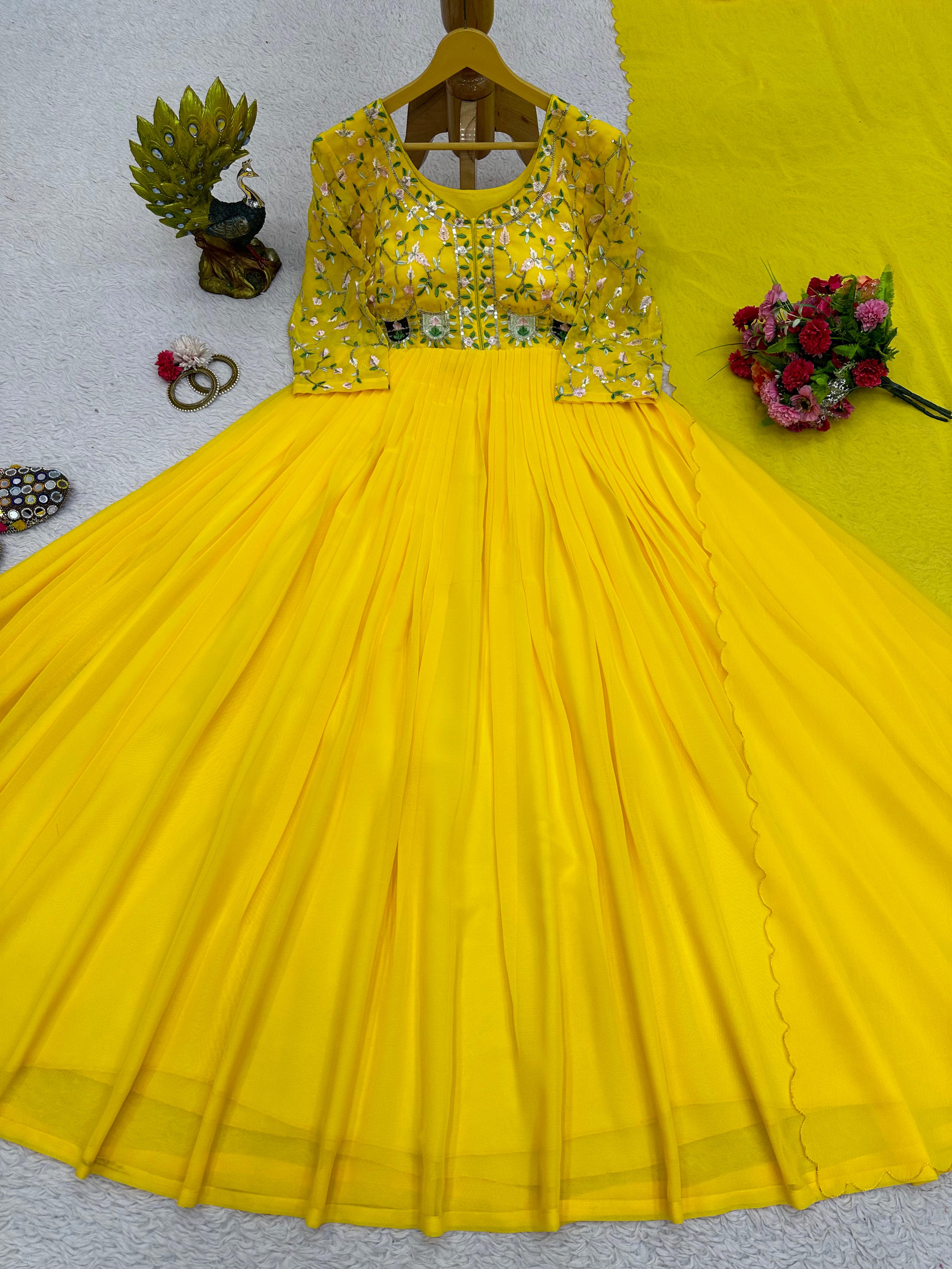 Yellow Color Thread Work Festive Wear Gown