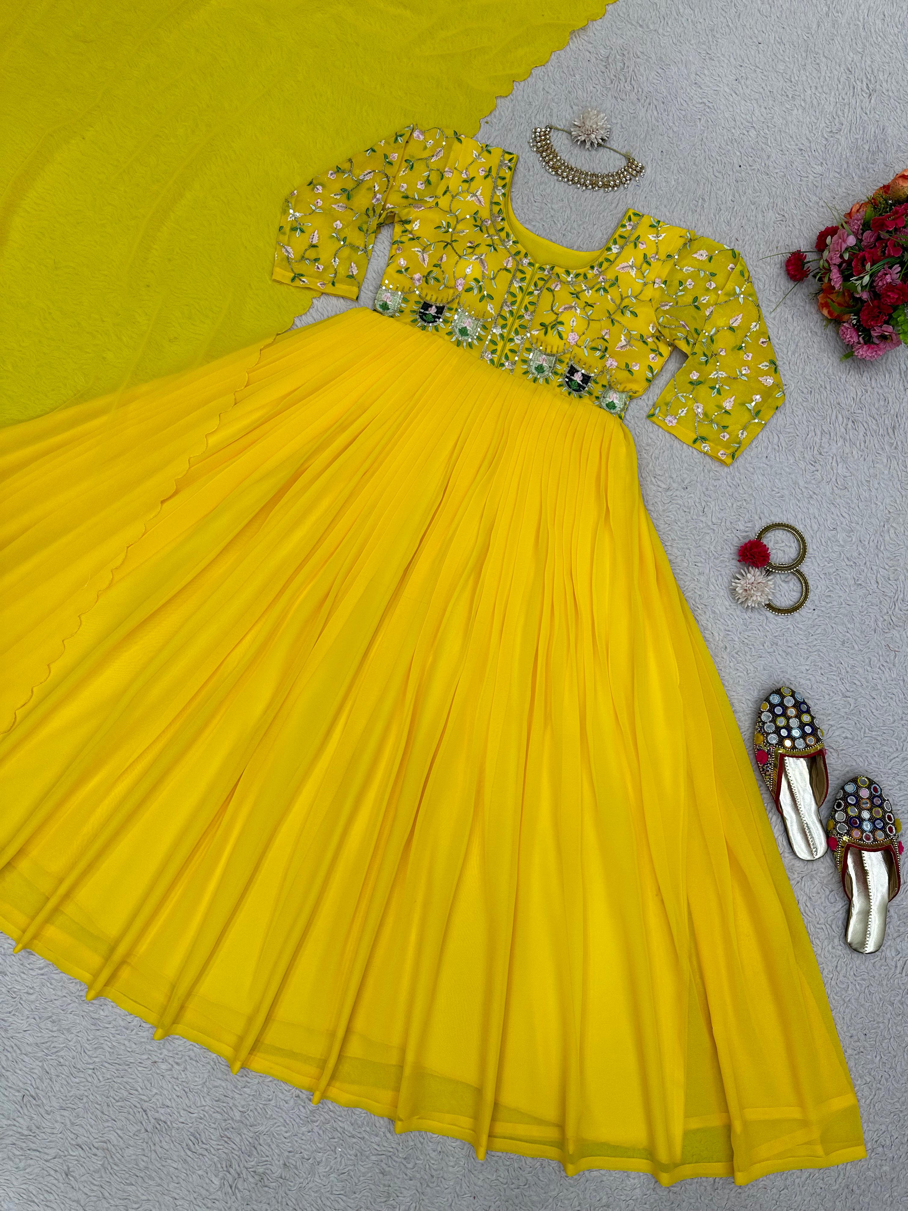 Yellow Color Thread Work Festive Wear Gown
