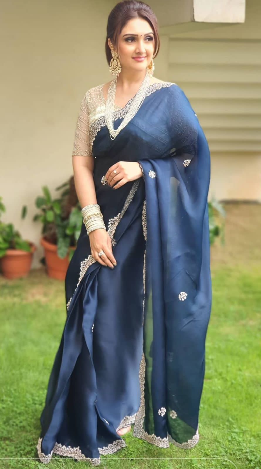 Terrific Navy Blue Color Embroidery Design Work Saree