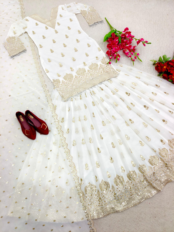 Stylish White Color Embroidery Work Lehenga With Top