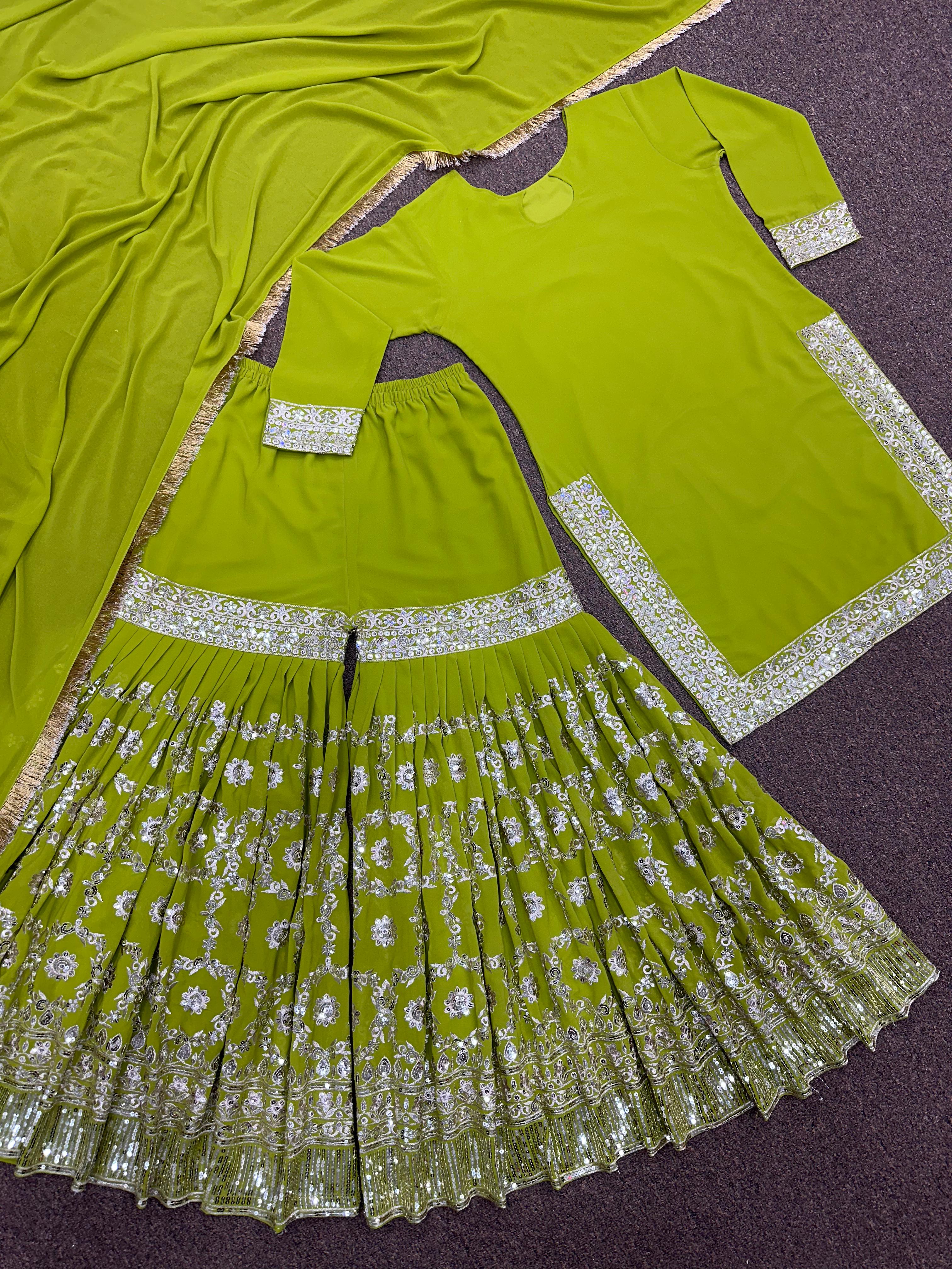 Admiring Embroidery Work Parrot Green Sharara Suit