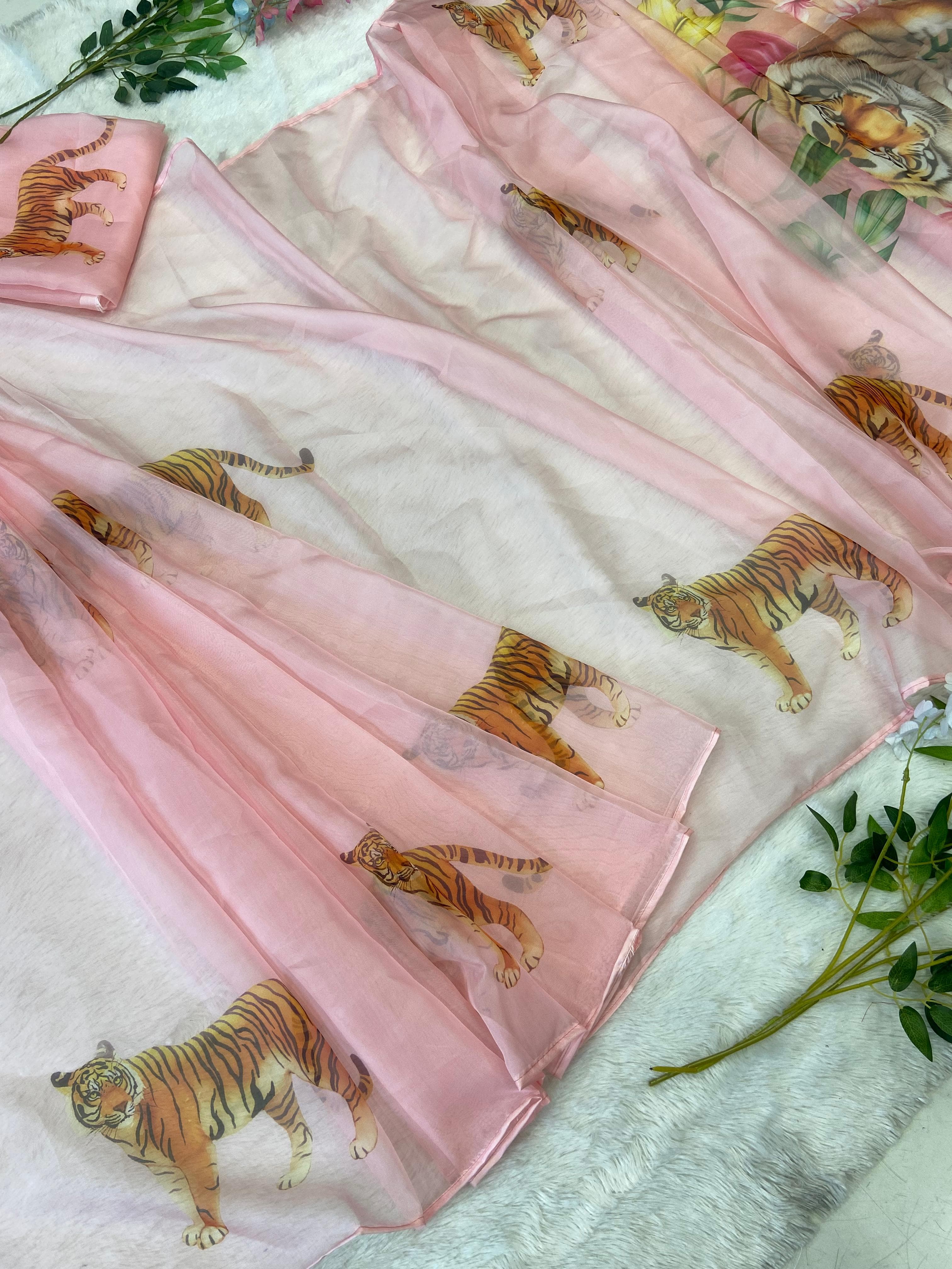 Light Pink Ready To Wear Printed Organza Saree