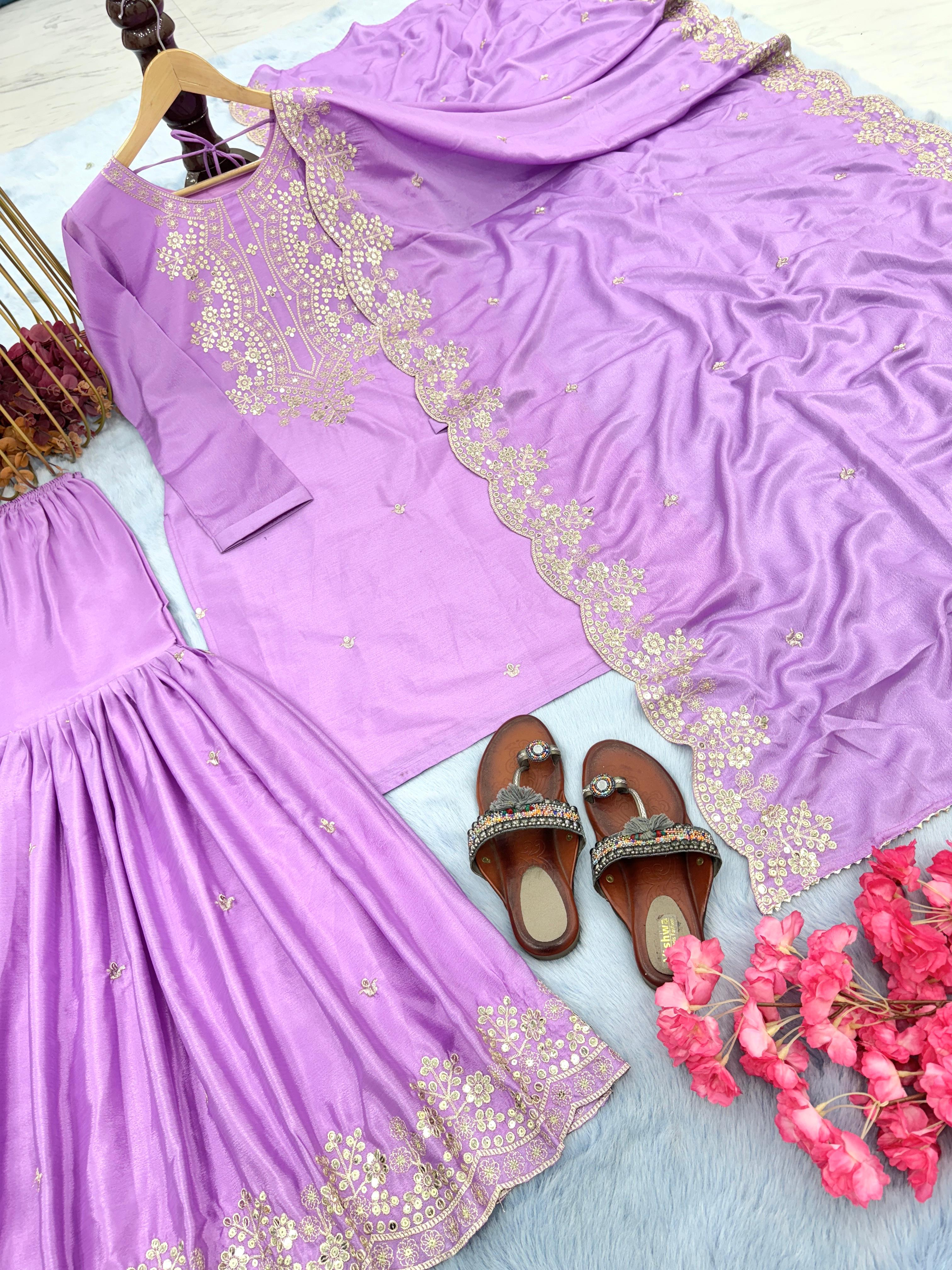 Graceful Embroidery Work Lavender Color Sharara Suit