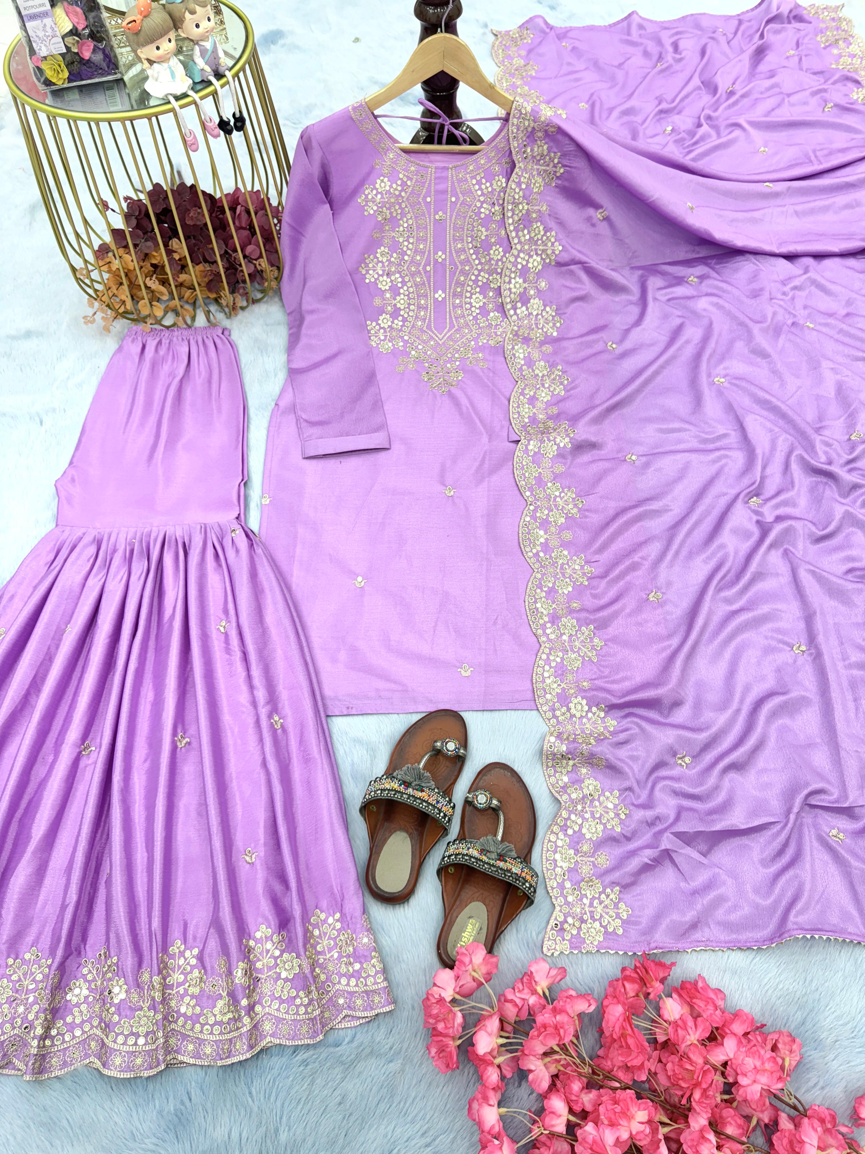 Graceful Embroidery Work Lavender Color Sharara Suit