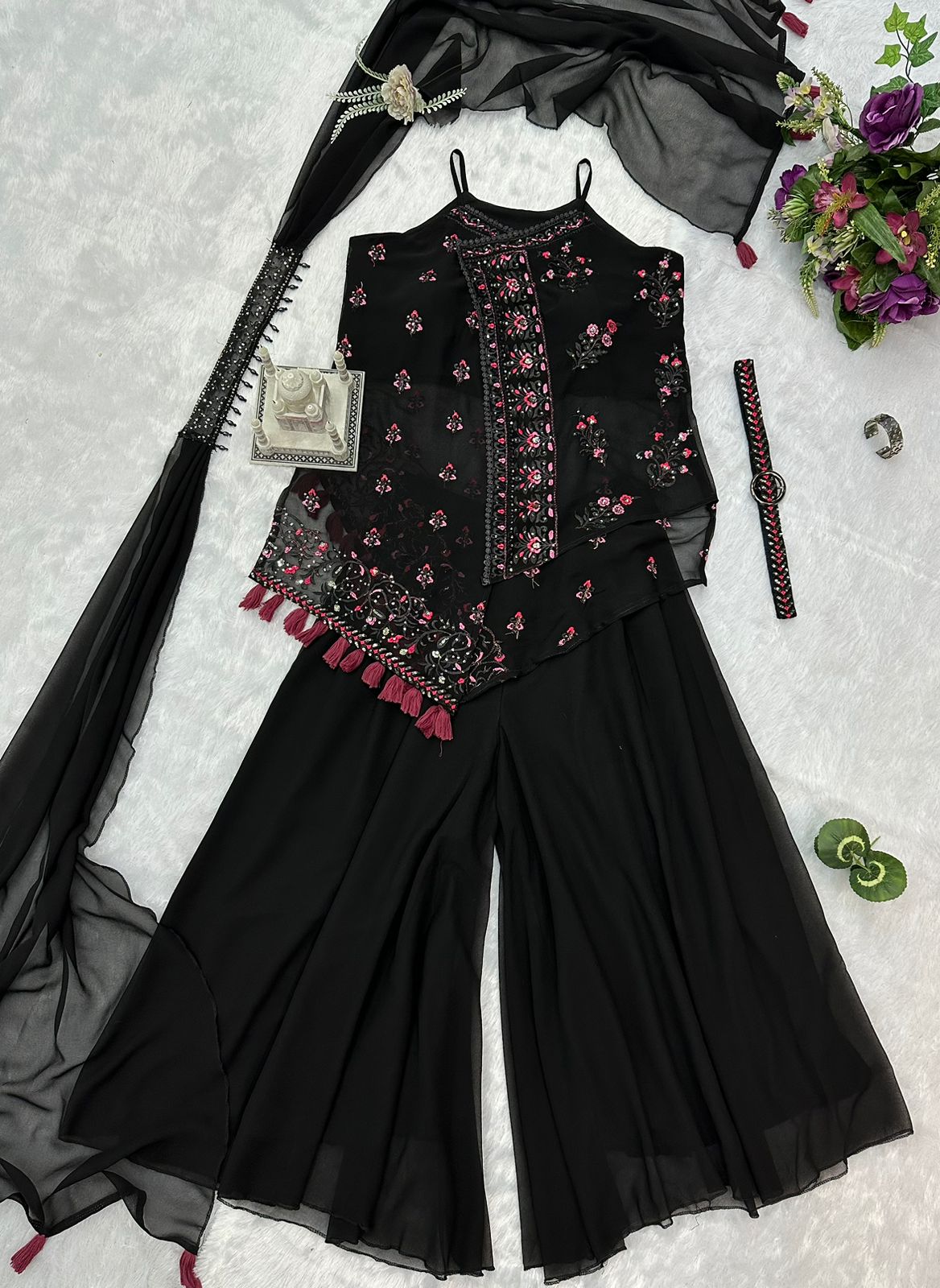 Fantastic Black Color Embroidery Work Sharara Suit