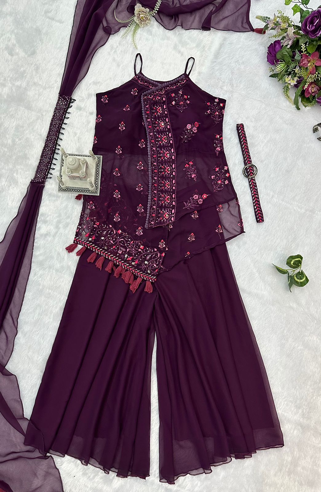 Fantastic Wine Color Embroidery Work Sharara Suit