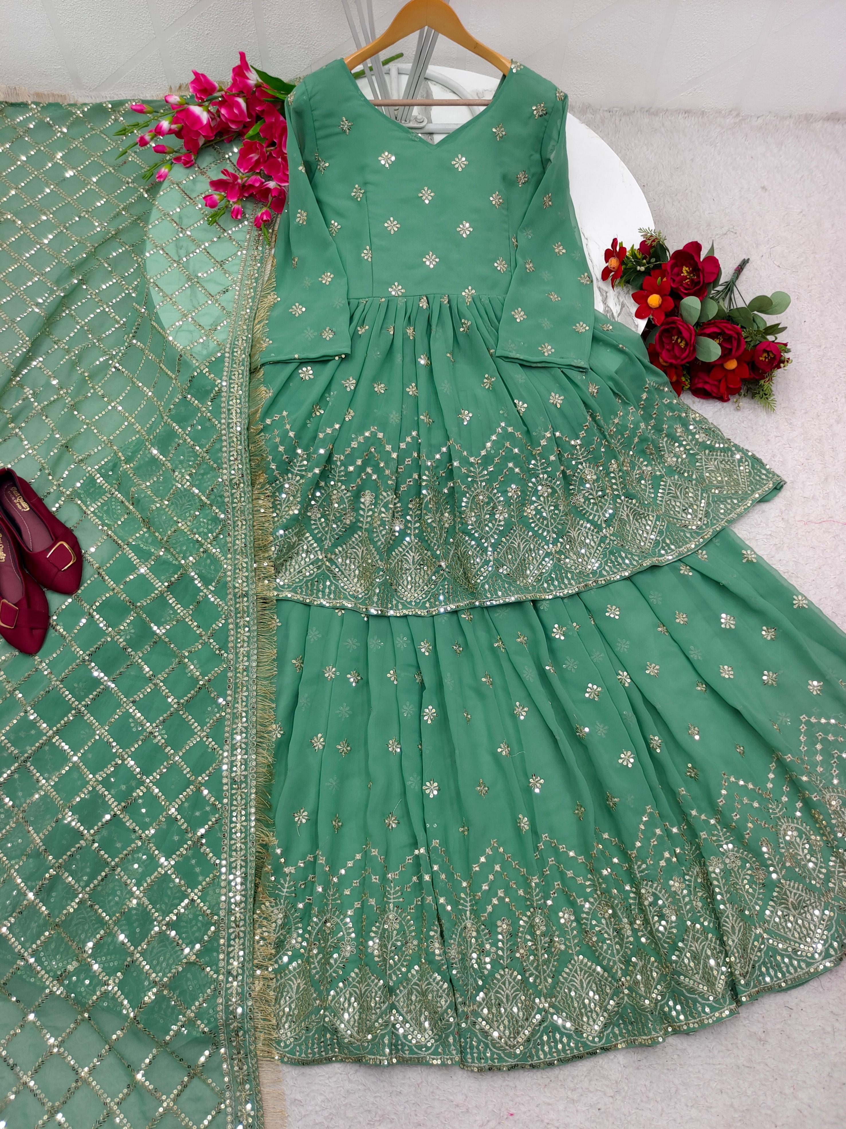 Glorious Embroidery Sequence Work Green Lehenga With Top