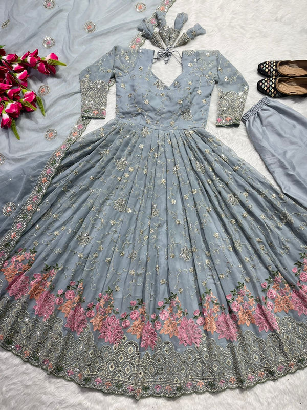 Glorious Embroidery Work Grey Color Anarkali Suit