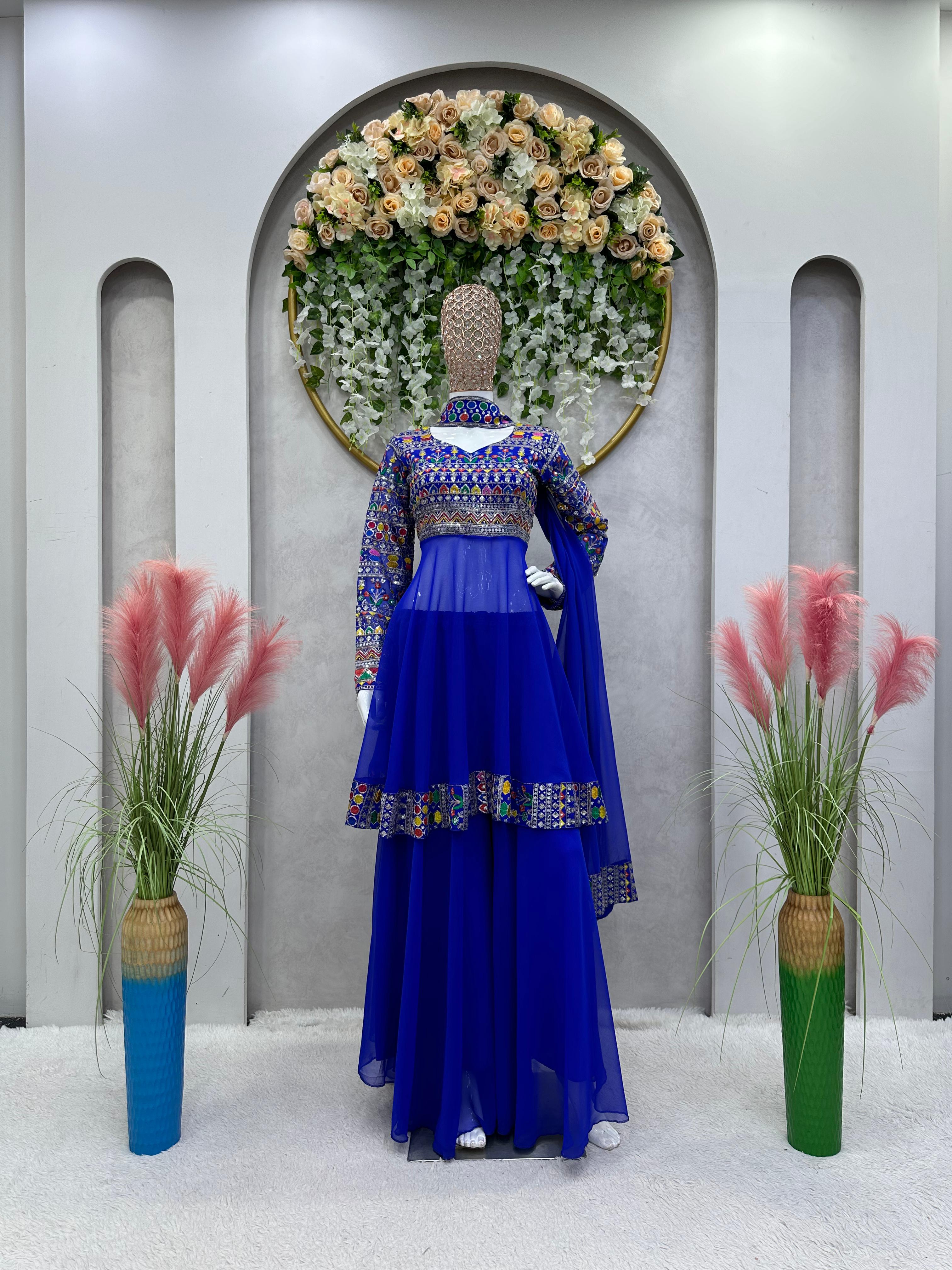 Multi Thread Sequence Work Blue Color Sharara Suit