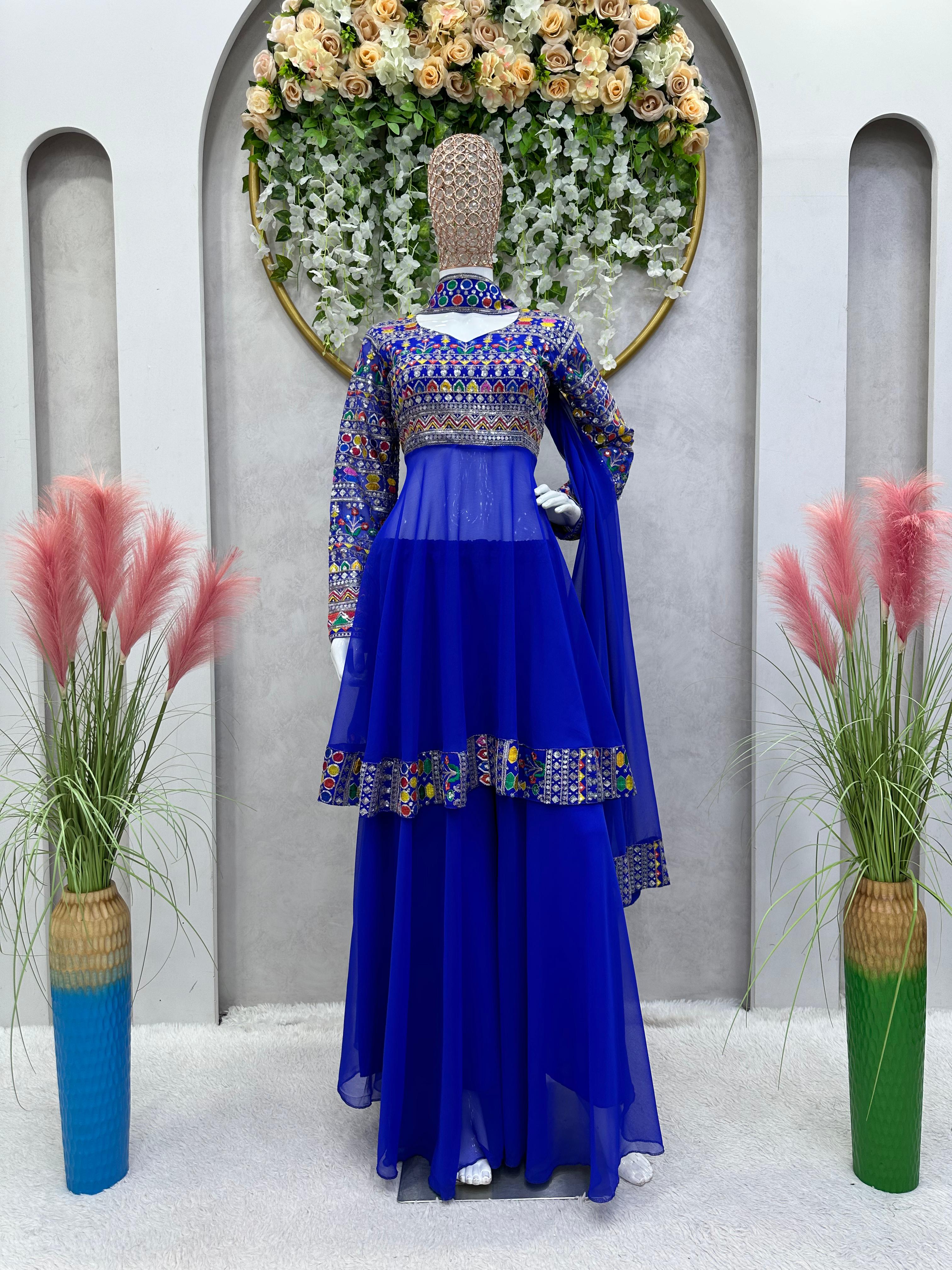 Multi Thread Sequence Work Blue Color Sharara Suit