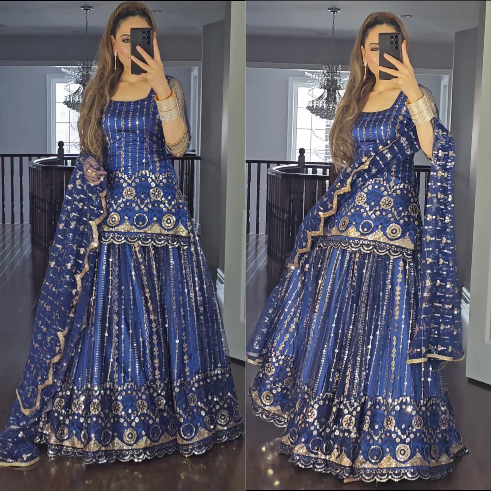 Multi Sequence Work Navy Blue Lehenga With Top