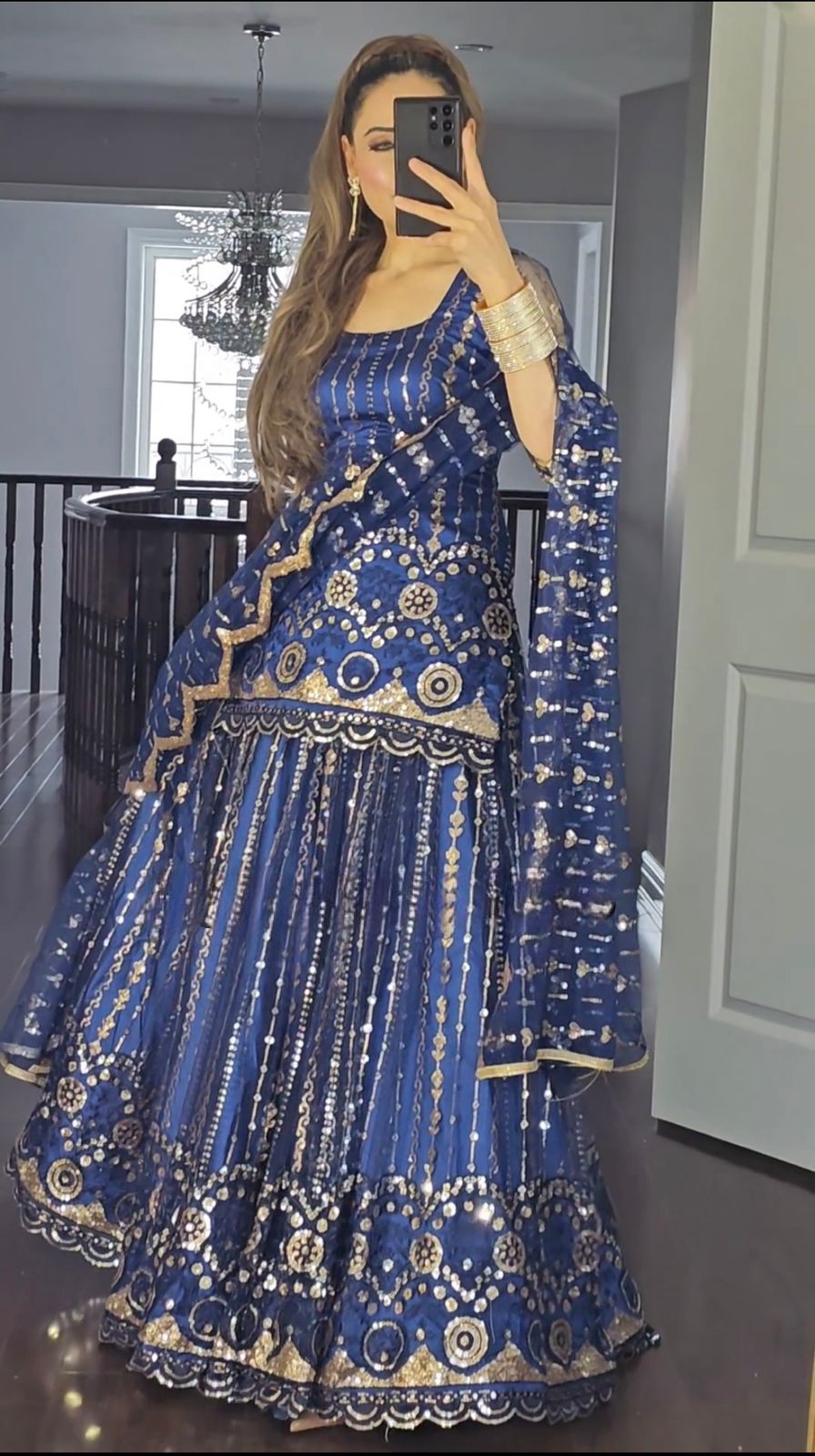 Multi Sequence Work Navy Blue Lehenga With Top