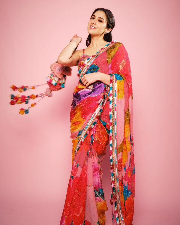Sara Ali Khan Style Multi Color Printed Saree