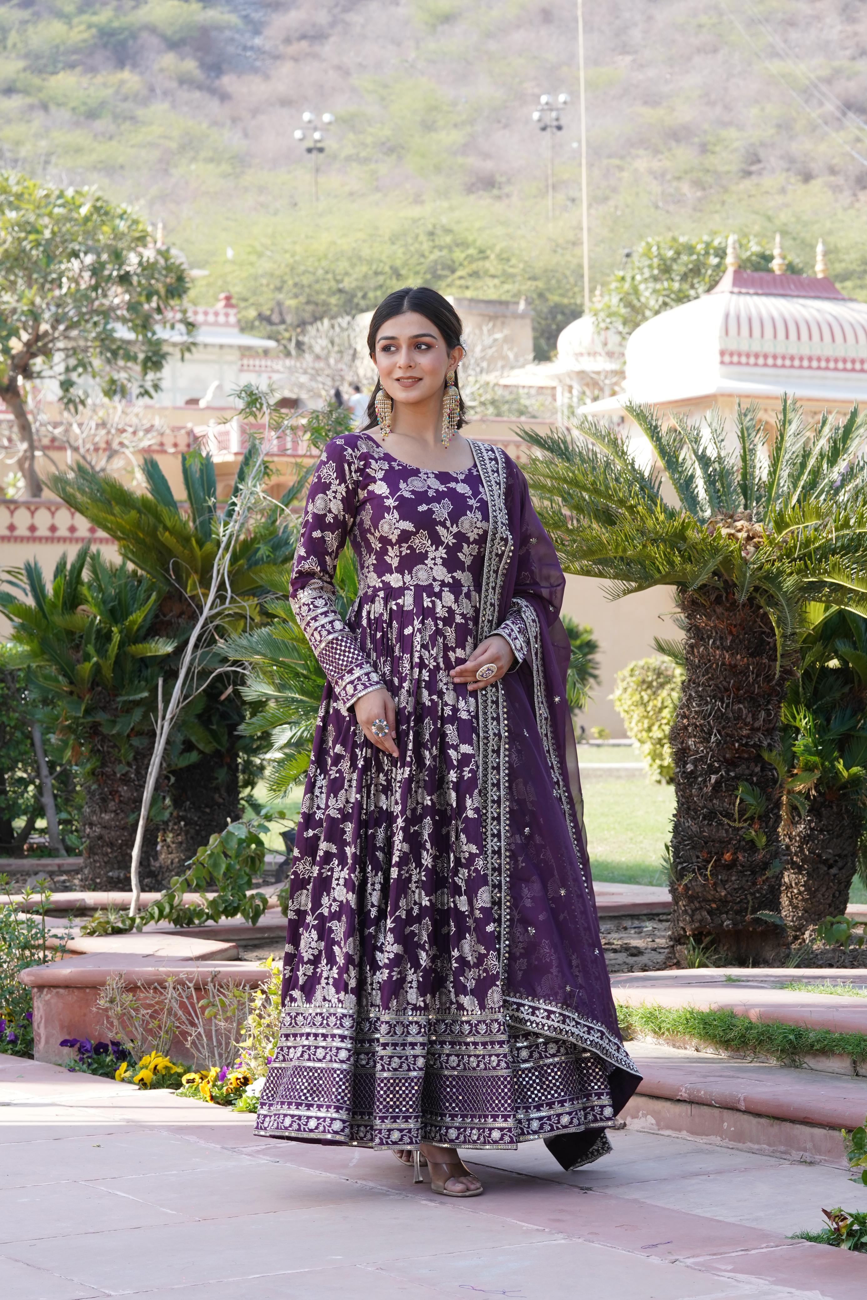 Charming Jacquard Embroidered Wine Color Gown