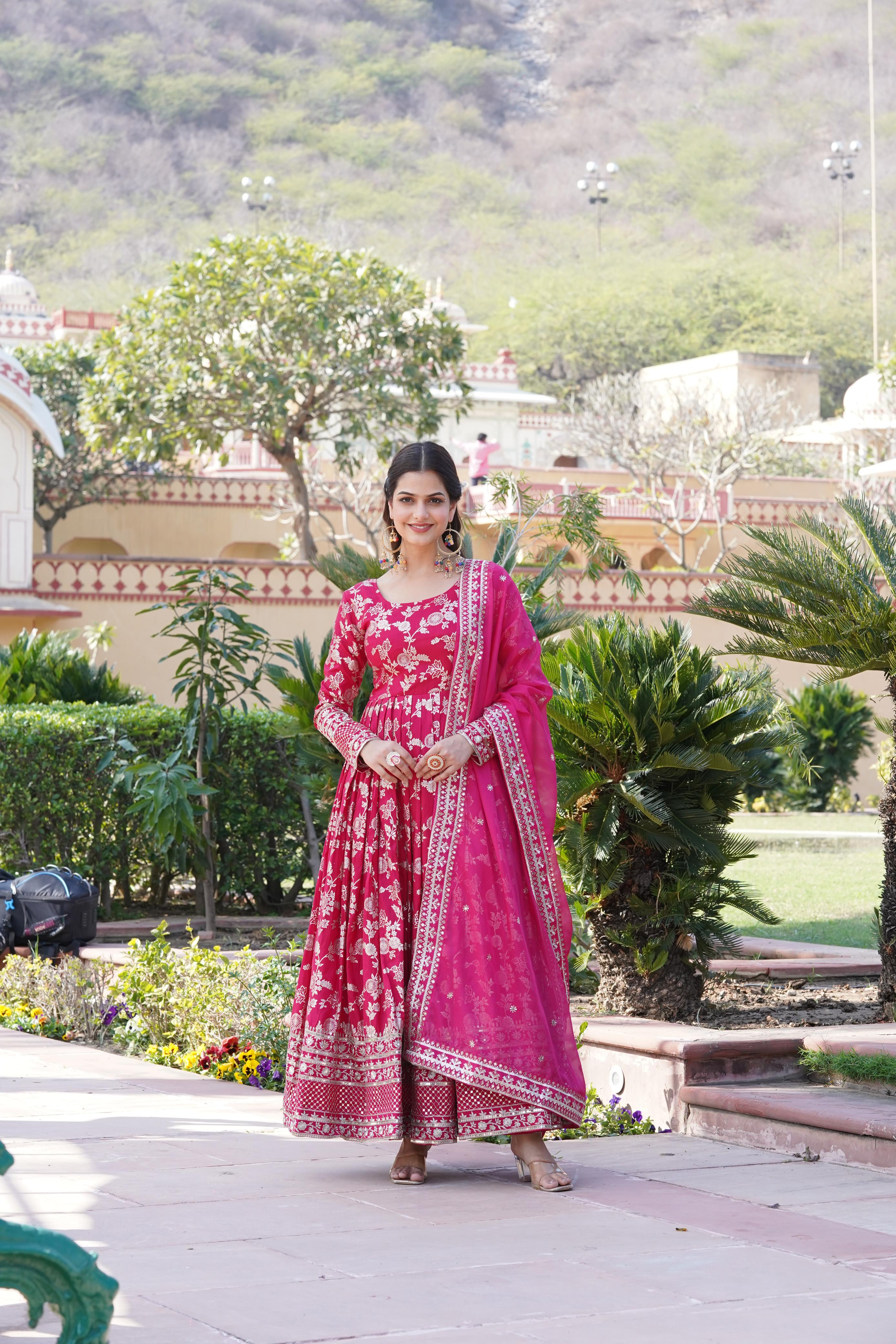 Charming Jacquard Embroidered Pink Color Gown