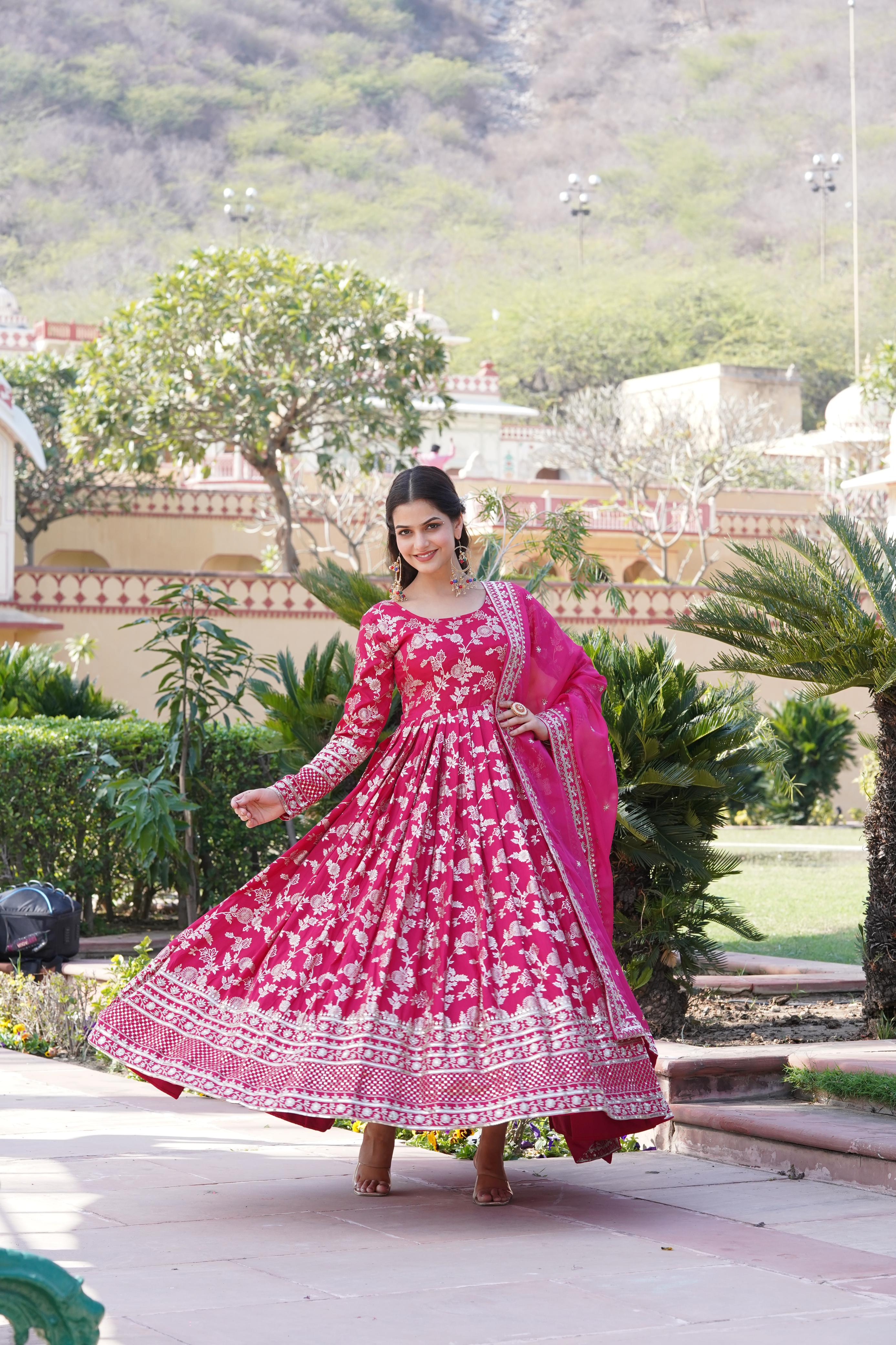 Charming Jacquard Embroidered Pink Color Gown