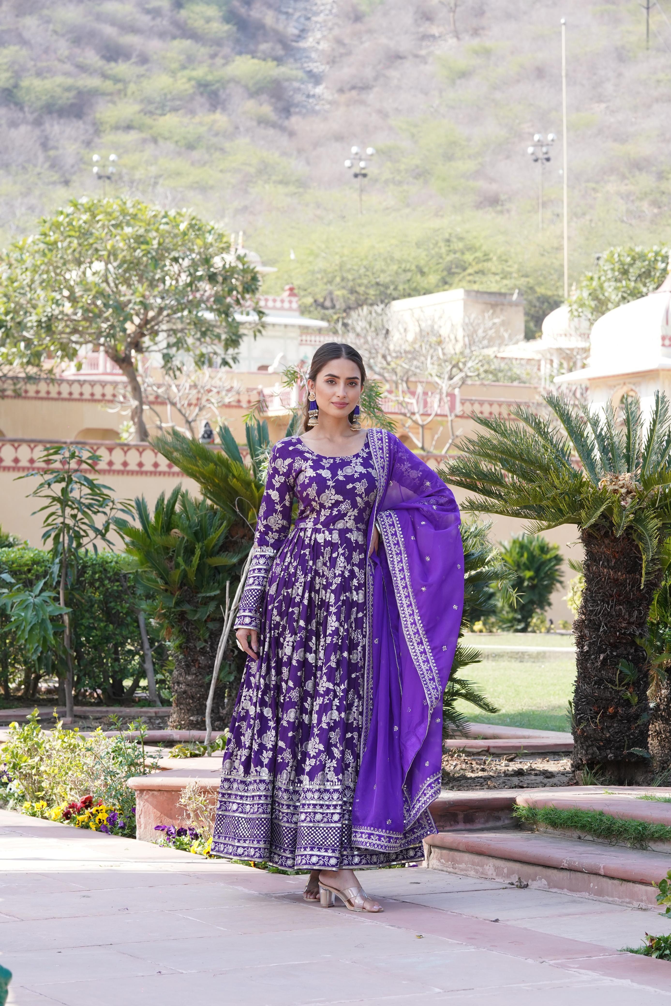 Charming Jacquard Embroidered Purple Color Gown
