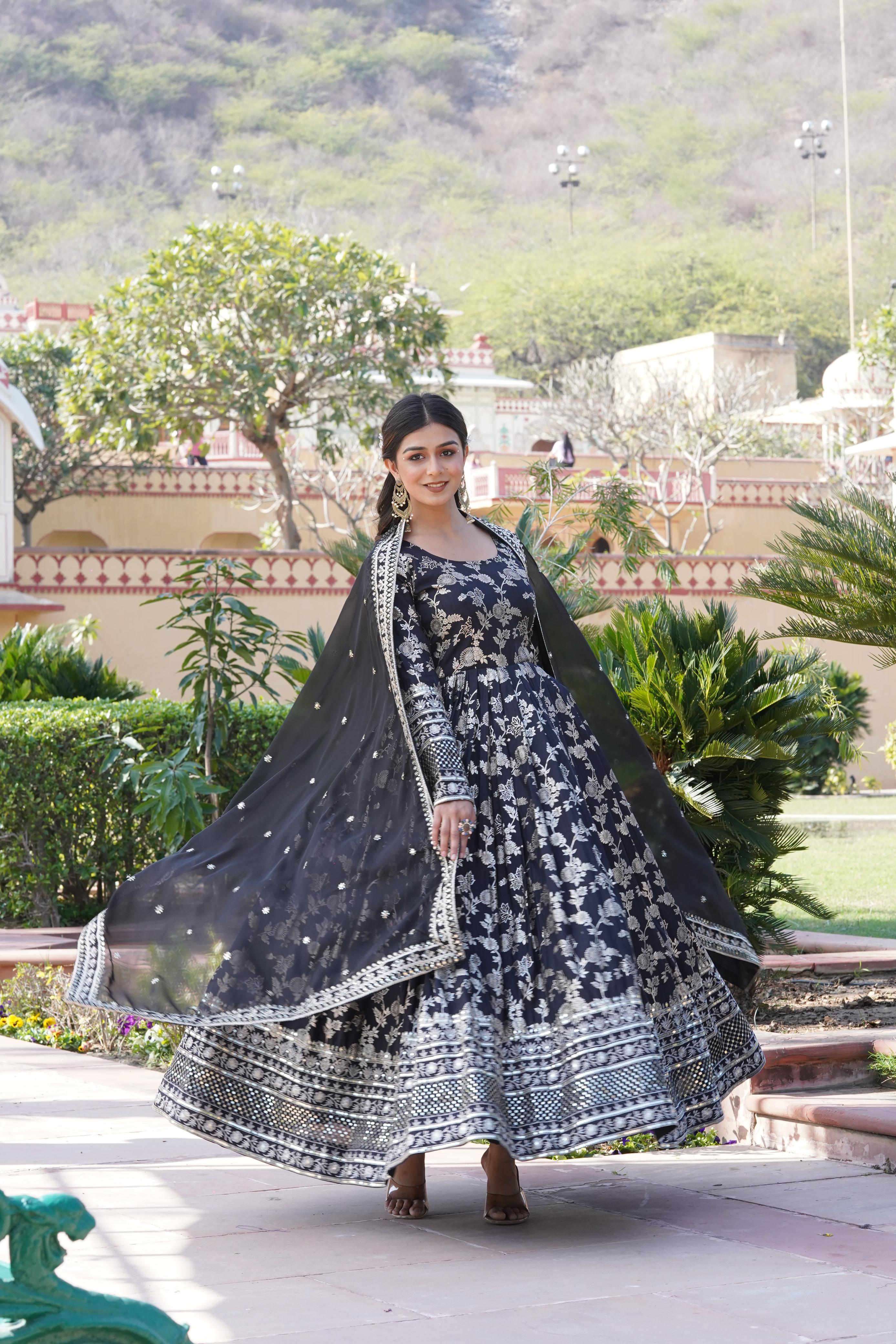Charming Jacquard Embroidered Black Color Gown